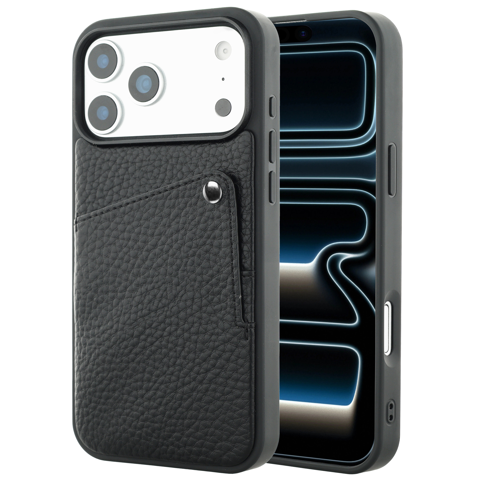 Un étui de téléphone en cuir noir avec fente pour carte est montré à côté d'un smartphone.