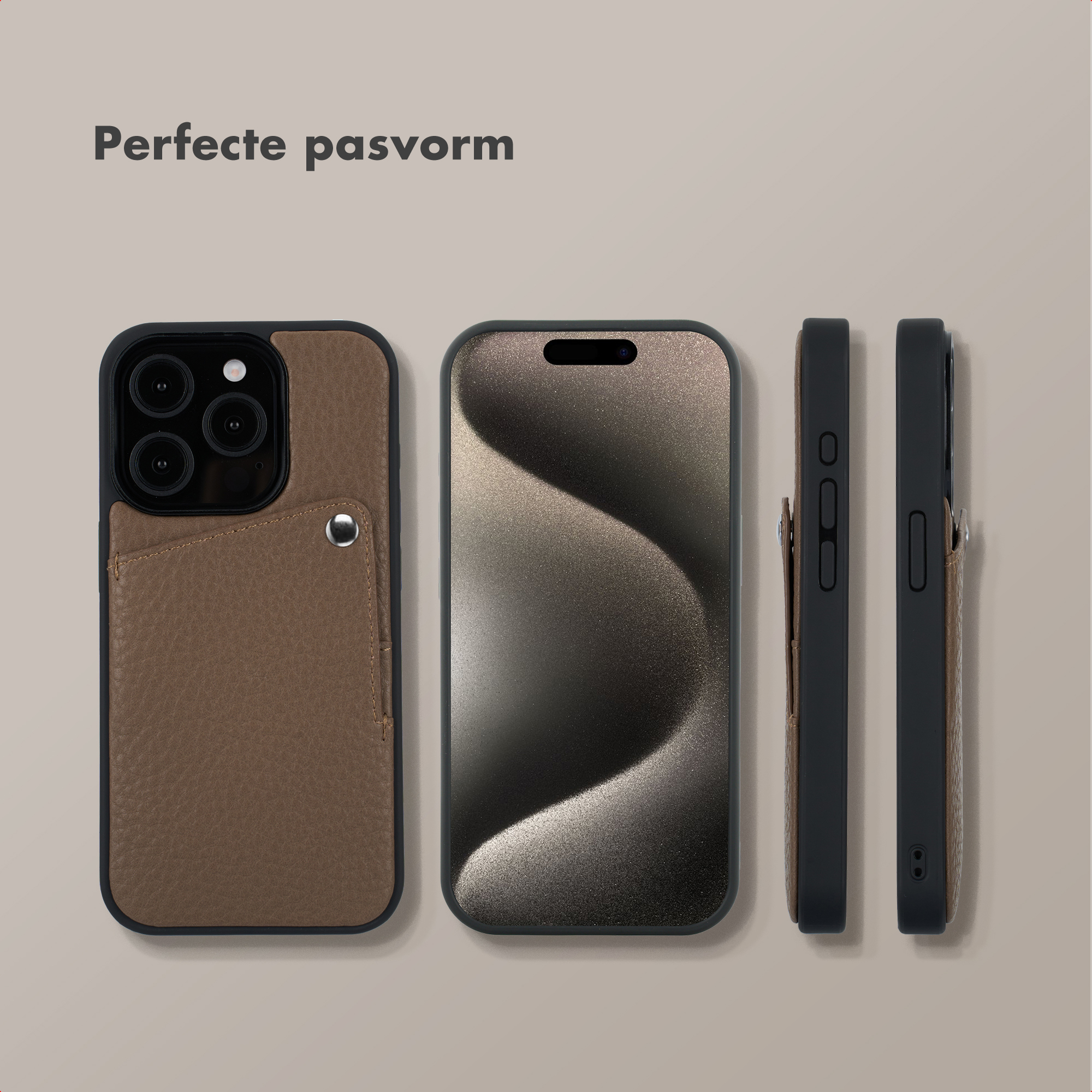 Une coque d'iPhone en cuir marron avec fente pour carte, montrée de face, de côté et de dos.