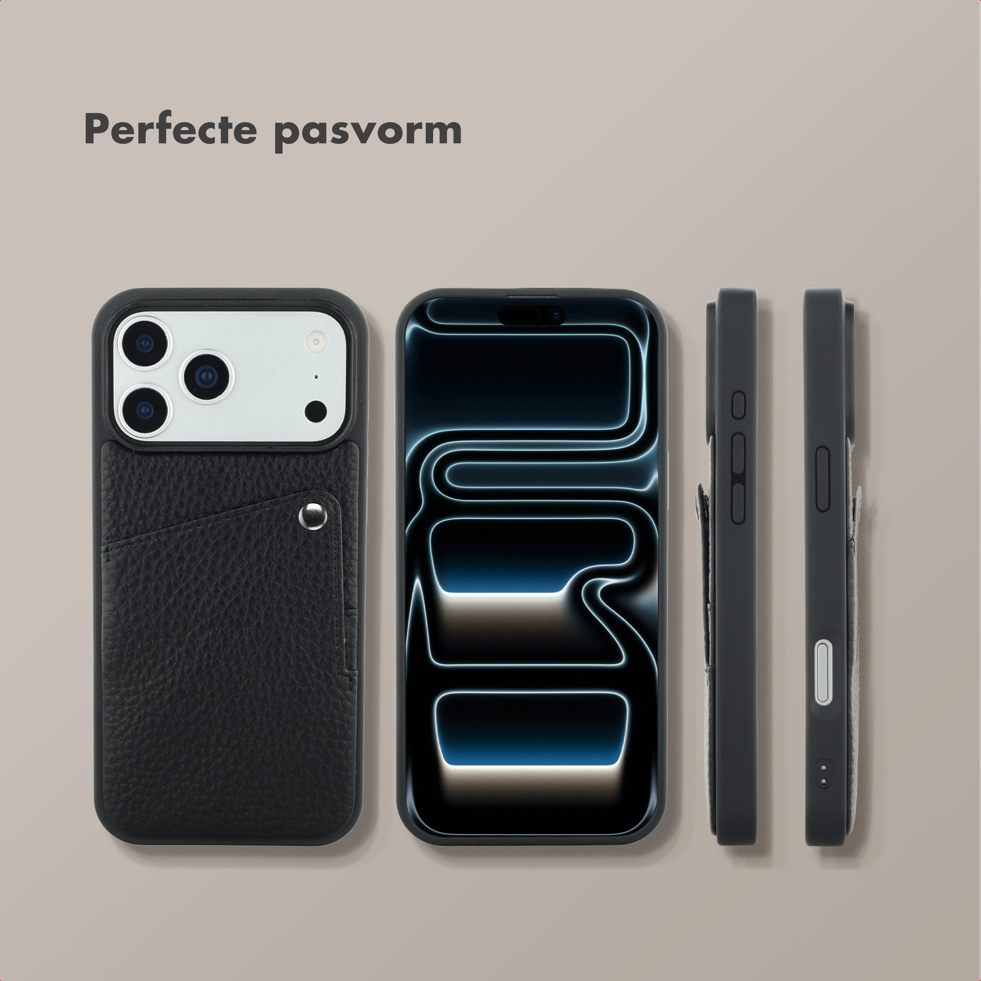Coque de téléphone noire avec porte-cartes, vues avant et latérales du téléphone.
