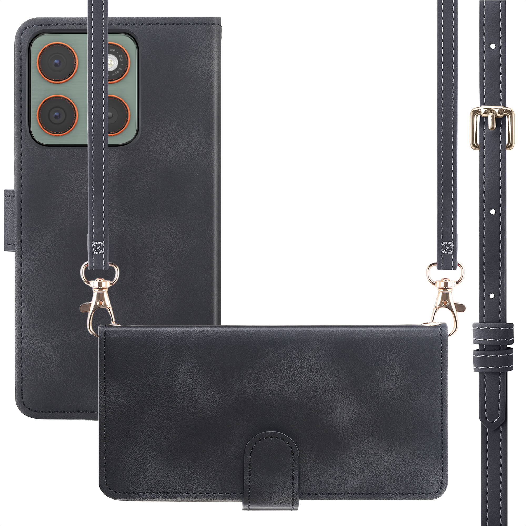 Une coque de téléphone en cuir noir avec portefeuille et sangle, montrant la découpe caméra.