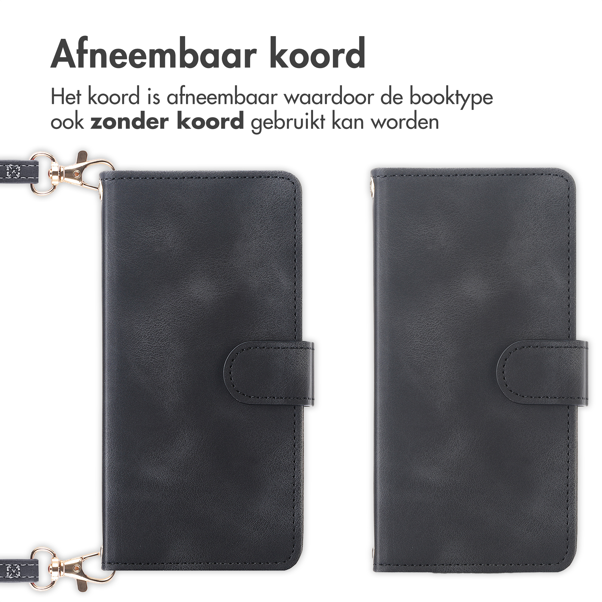 Étui noir pour téléphone avec dragonne amovible et fermoir doré.
