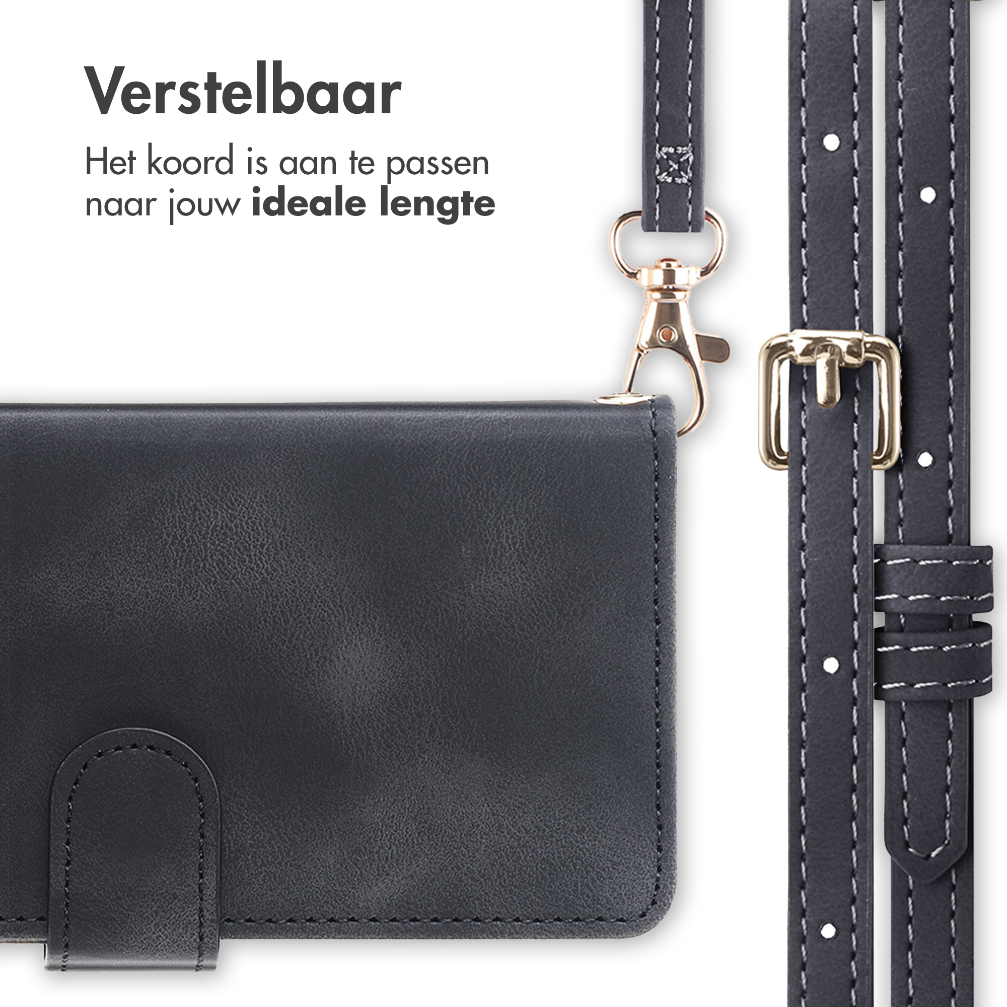 Étui en cuir noir avec sangle réglable et matériel doré.