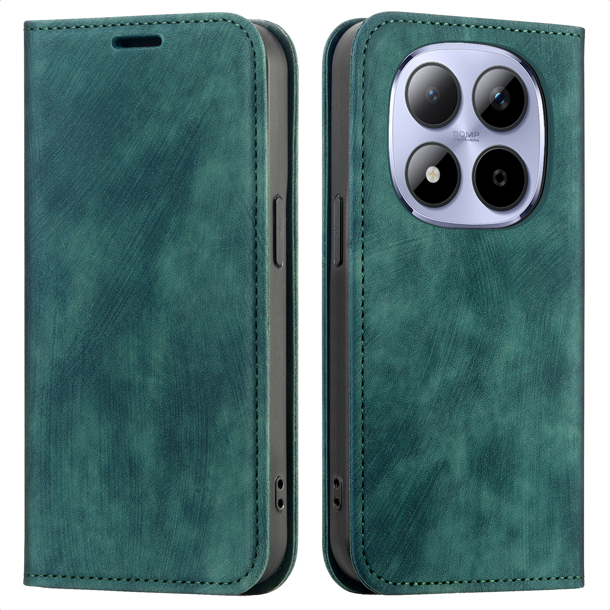 Un étui de téléphone en cuir vert avec découpe pour appareil photo est montré ouvert et fermé.