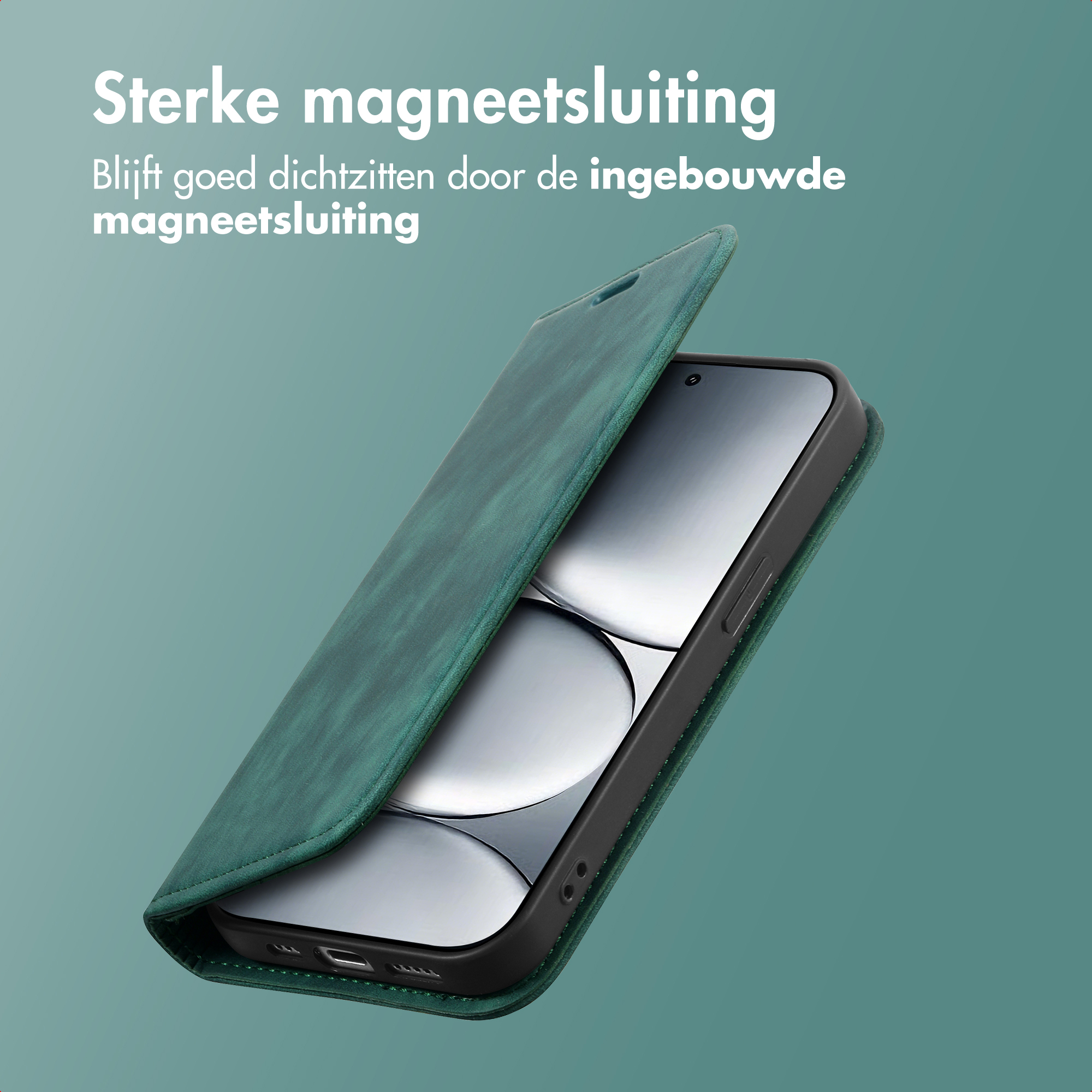 Un étui de téléphone en cuir vert est ouvert, révélant un smartphone à l'écran sombre.