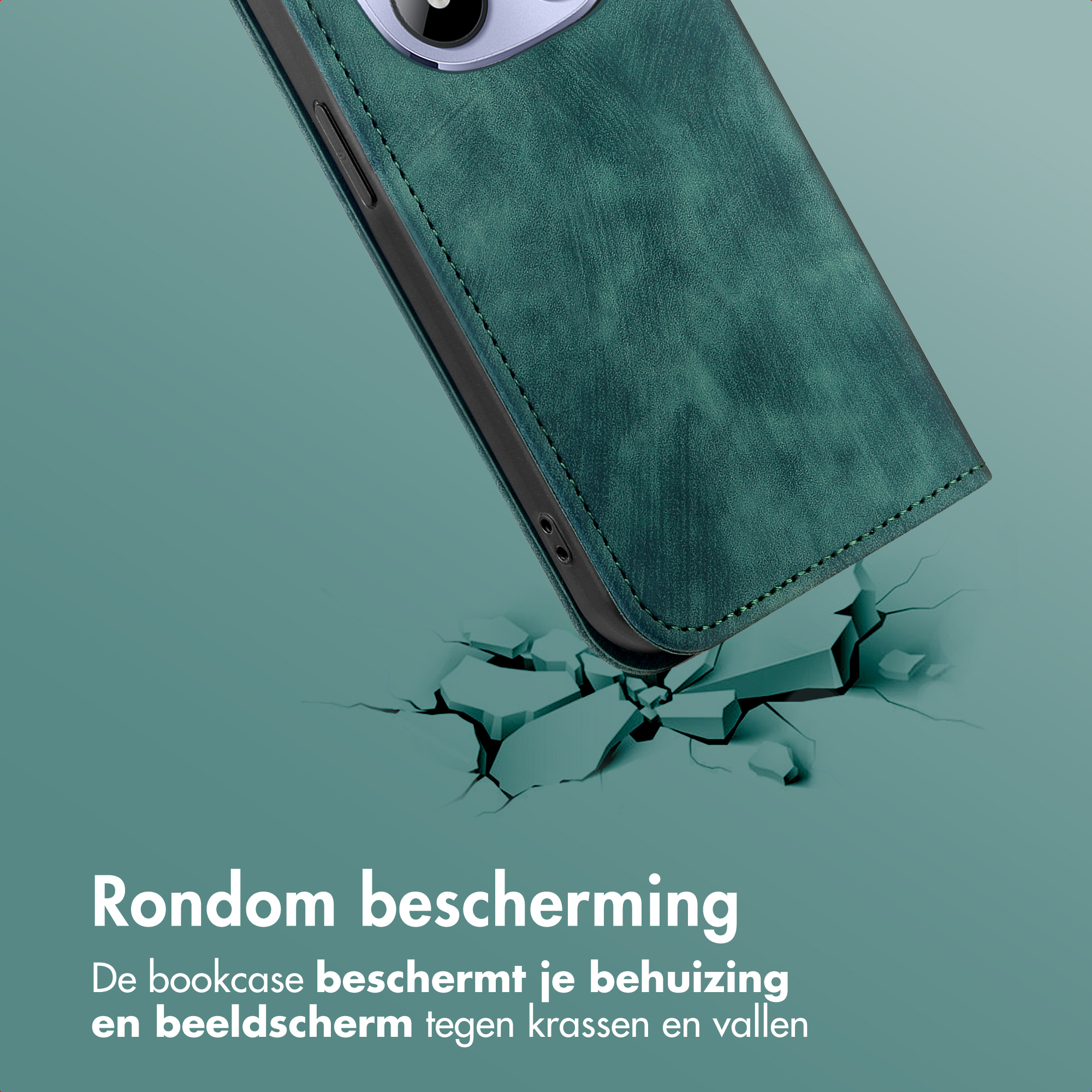Étui de téléphone vert avec protection contre les chocs sur sol craquelé.