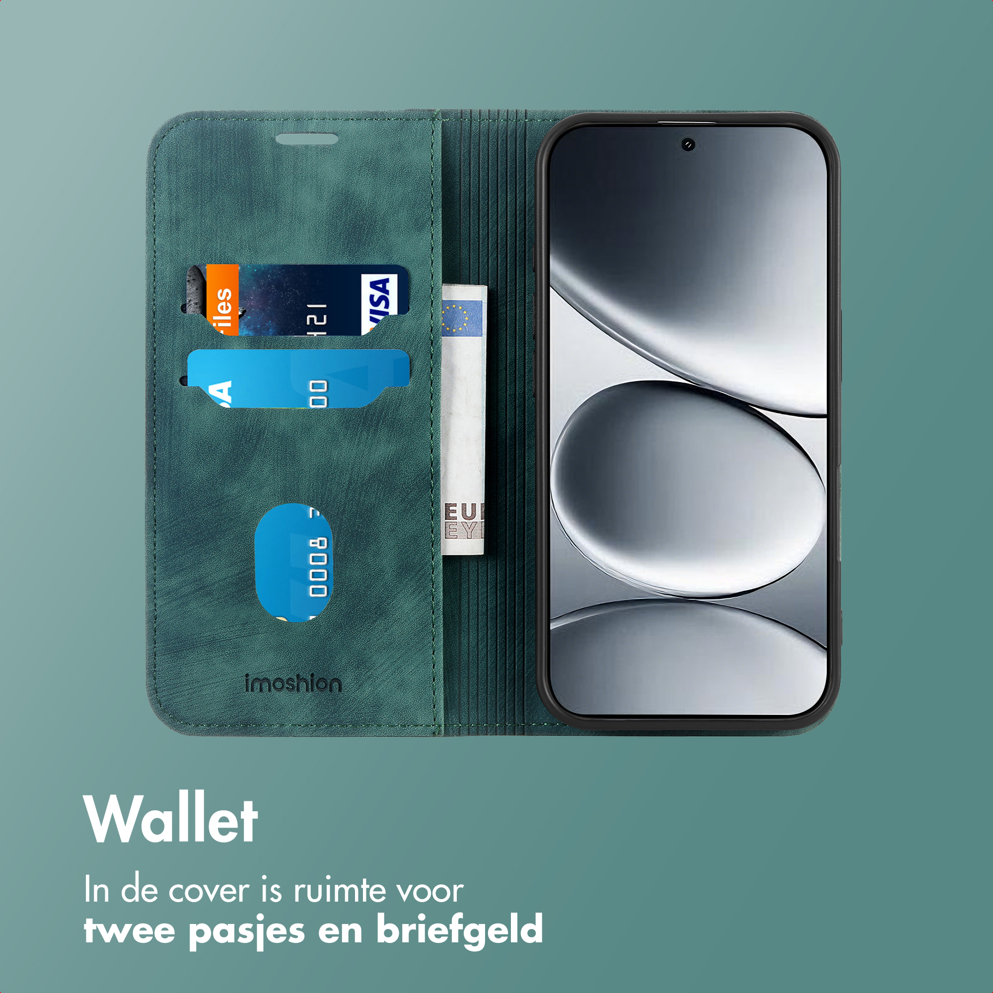 Étui de téléphone portefeuille vert avec fentes pour cartes et un billet.