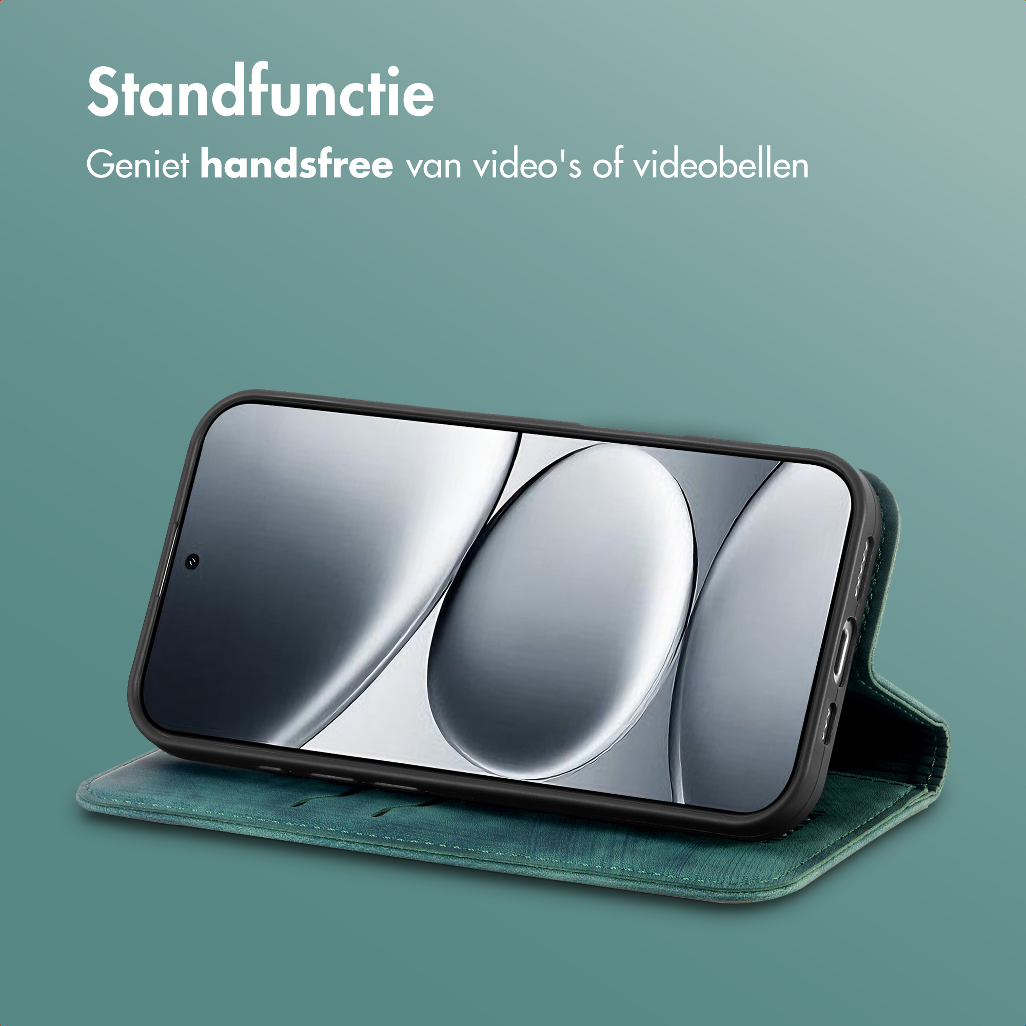 Un étui de téléphone vert foncé est ouvert, affichant un smartphone avec un écran abstrait.