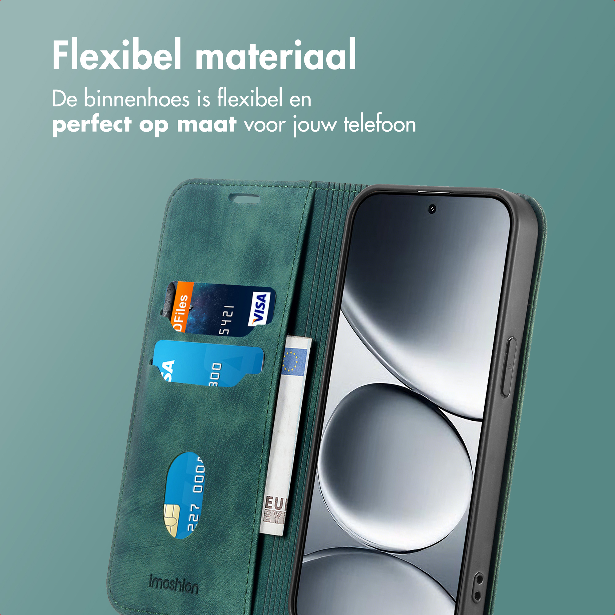 Étui de téléphone vert avec fentes pour cartes de crédit et billet en euros. Écran visible.
