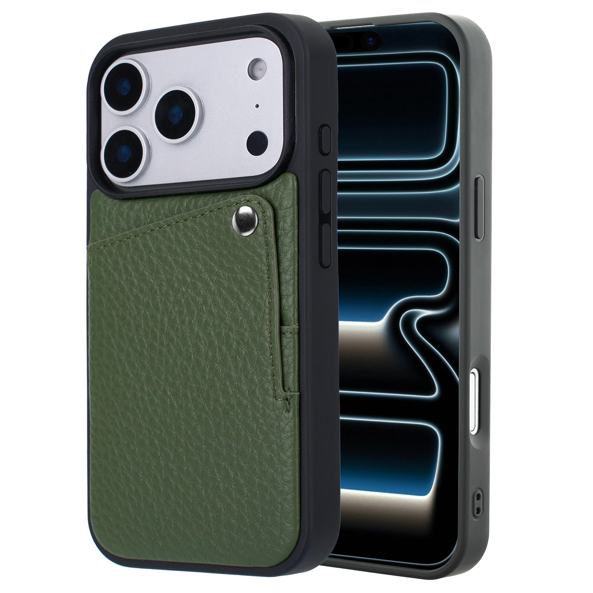 Étui en cuir vert avec porte-cartes et téléphone sur fond blanc.