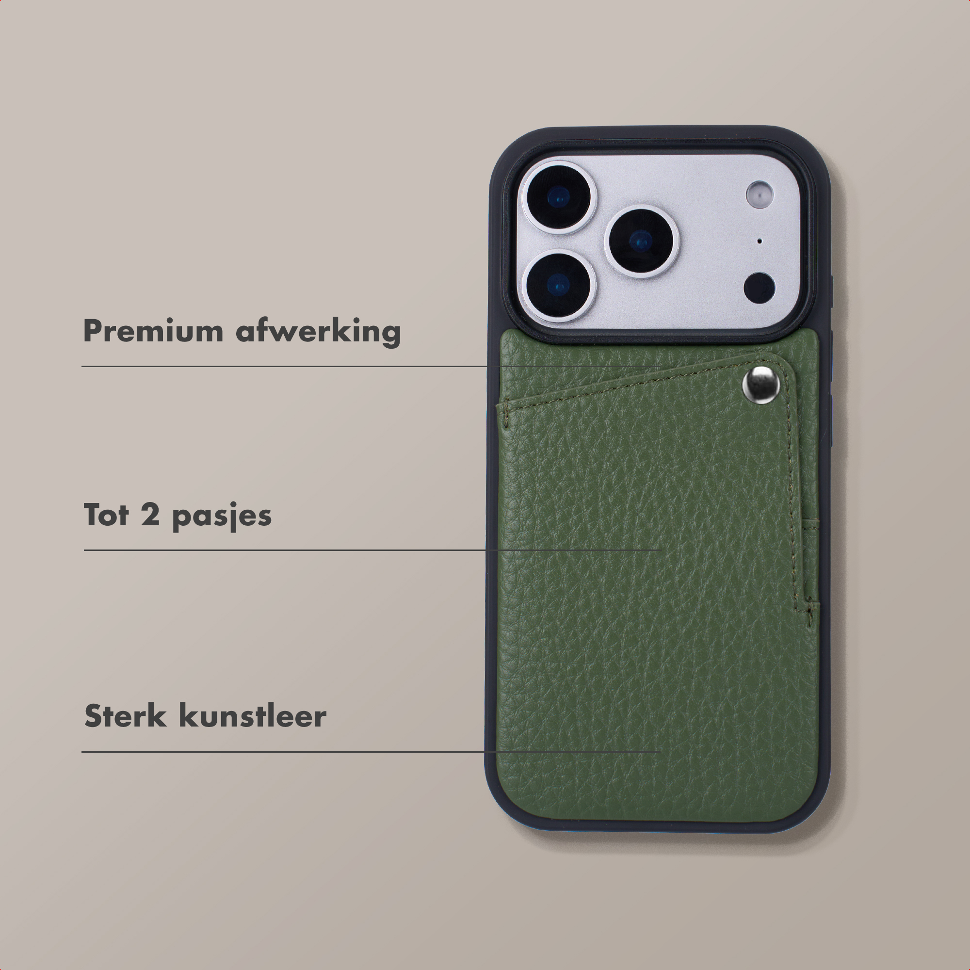 Coque de téléphone verte avec porte-cartes et protection.