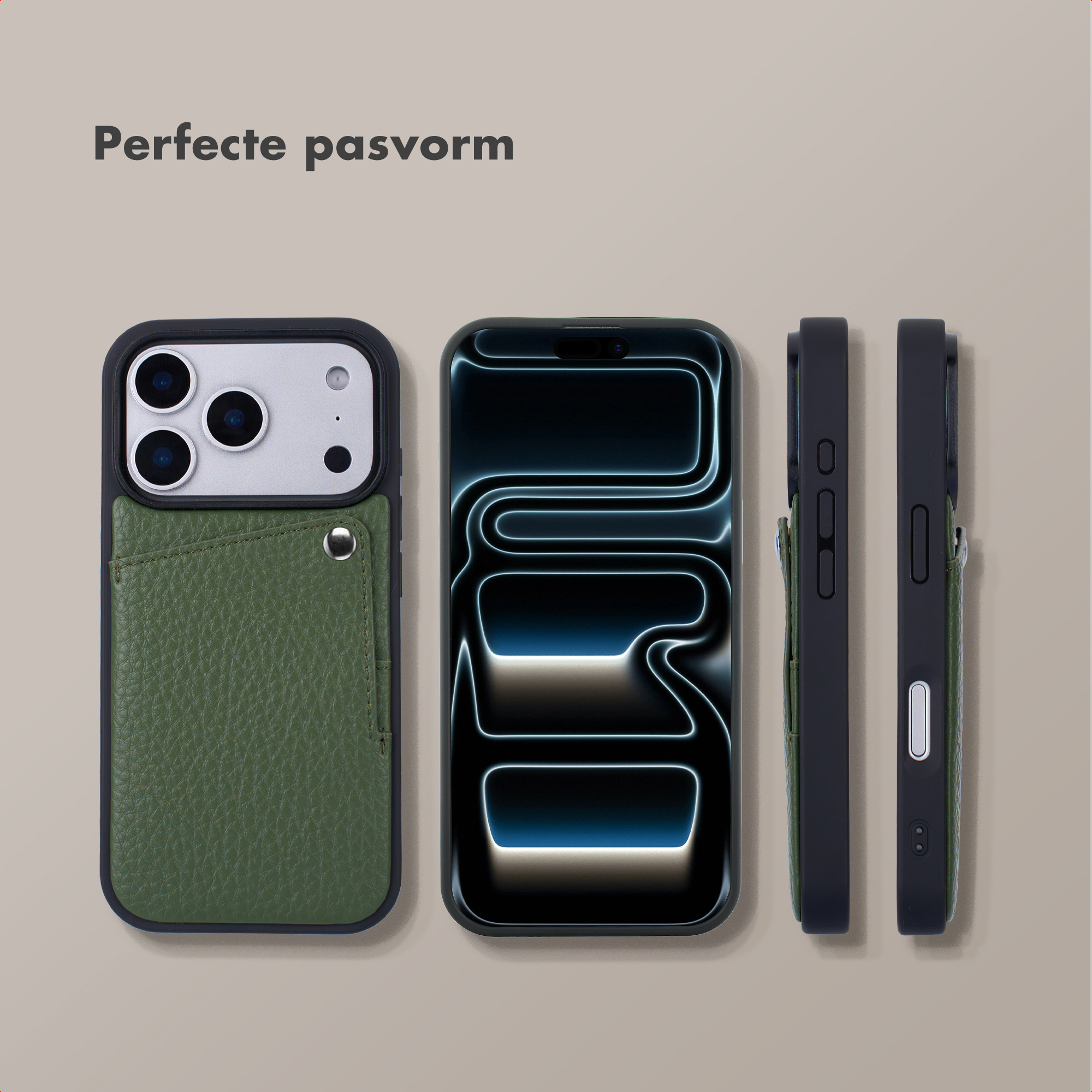Étui de téléphone en cuir vert avec fente pour carte, vues avant, latérale et arrière.