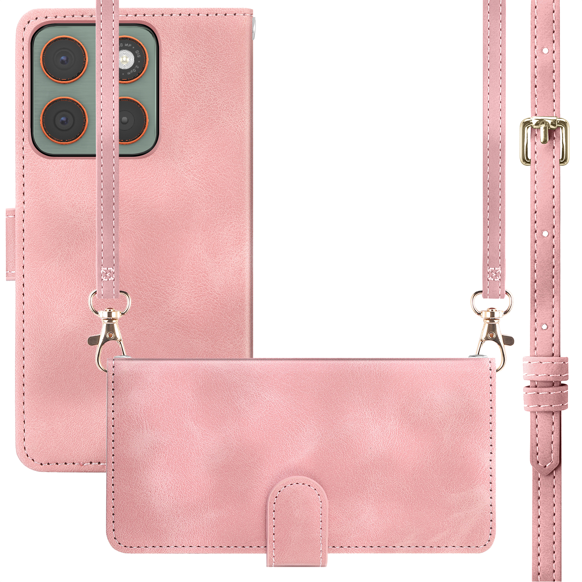 Étui en cuir rose avec découpe appareil photo et sangle détachable à boucle.