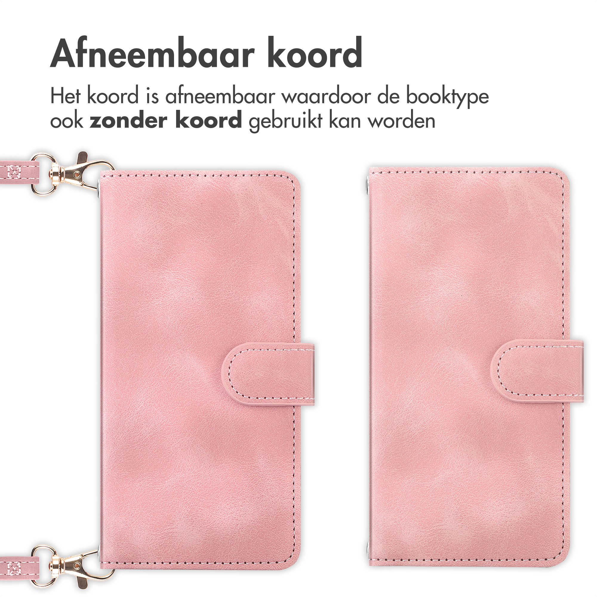 Deux étuis de téléphone roses, un avec une dragonne détachable.