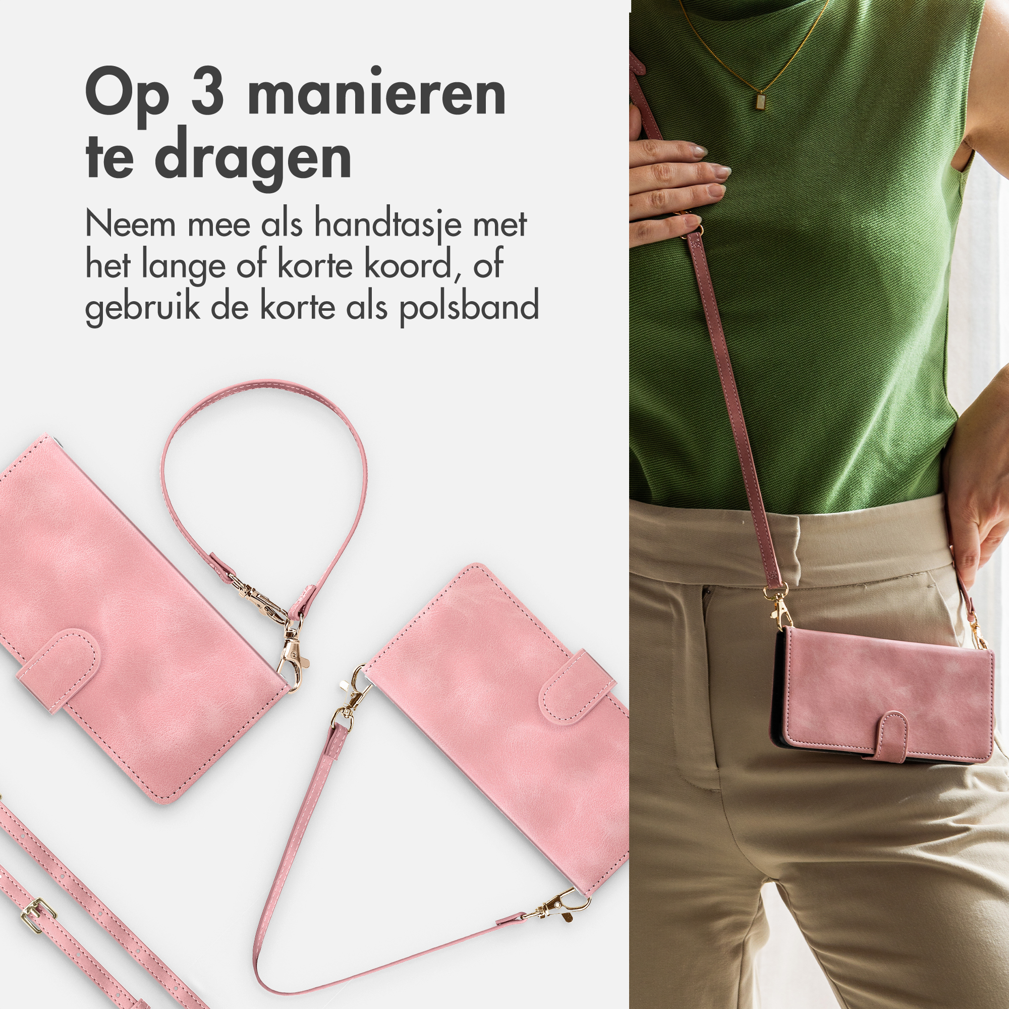 Trois étuis roses pour téléphone avec des lanières, un porté en bandoulière.