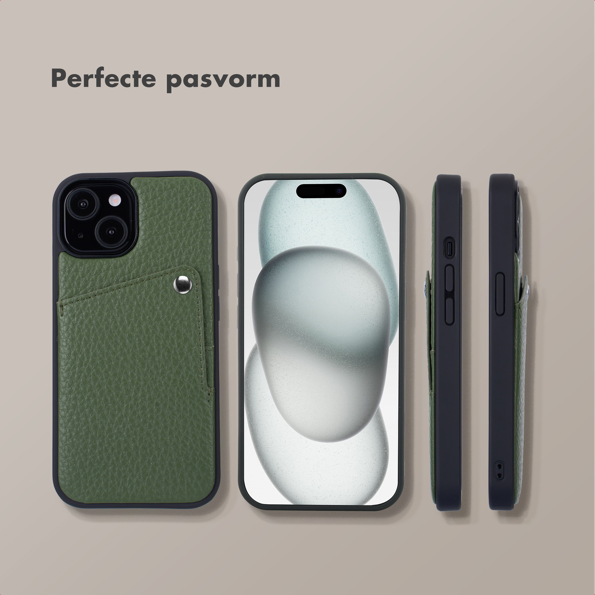 Green phone case with card slot and a smartphone with abstract background.