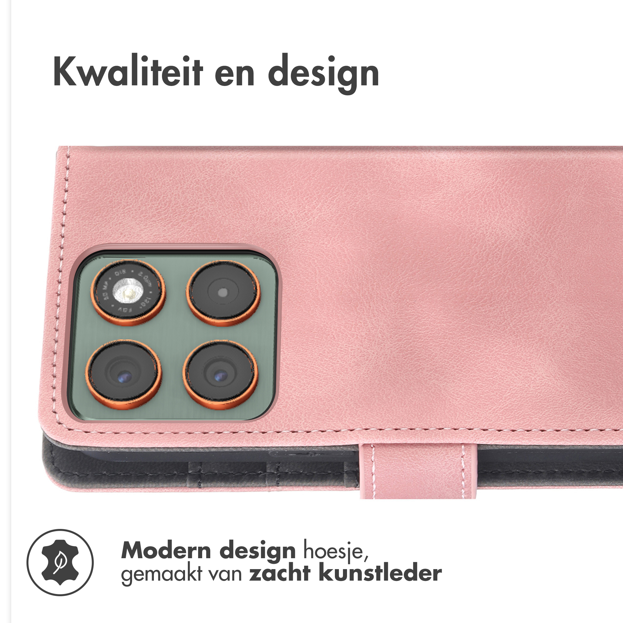Une coque de téléphone rose en similicuir avec quatre objectifs et coutures.