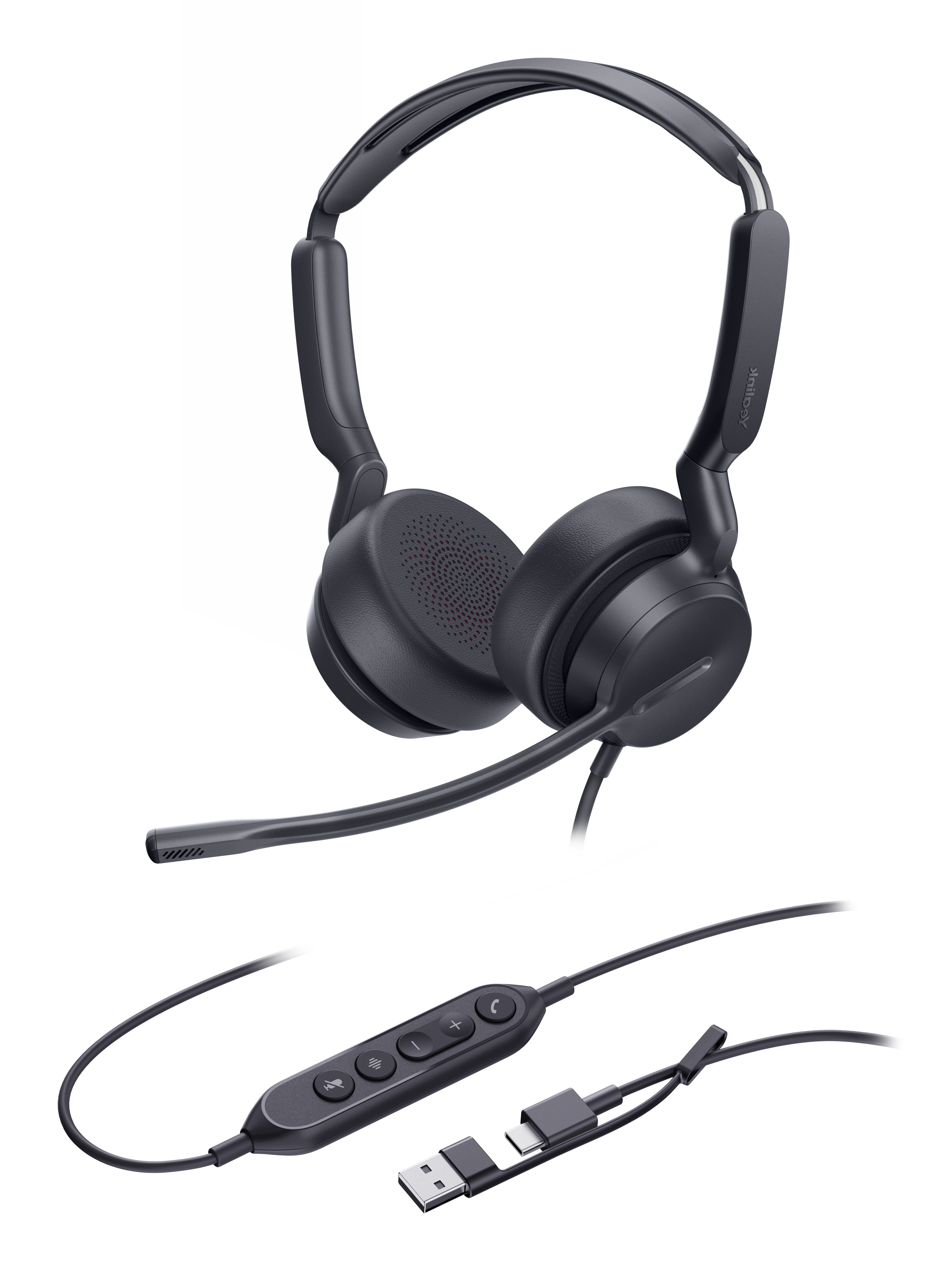 Ein schwarzer Headset mit Mikrofonarm und Inline-Steuerung ist abgebildet.