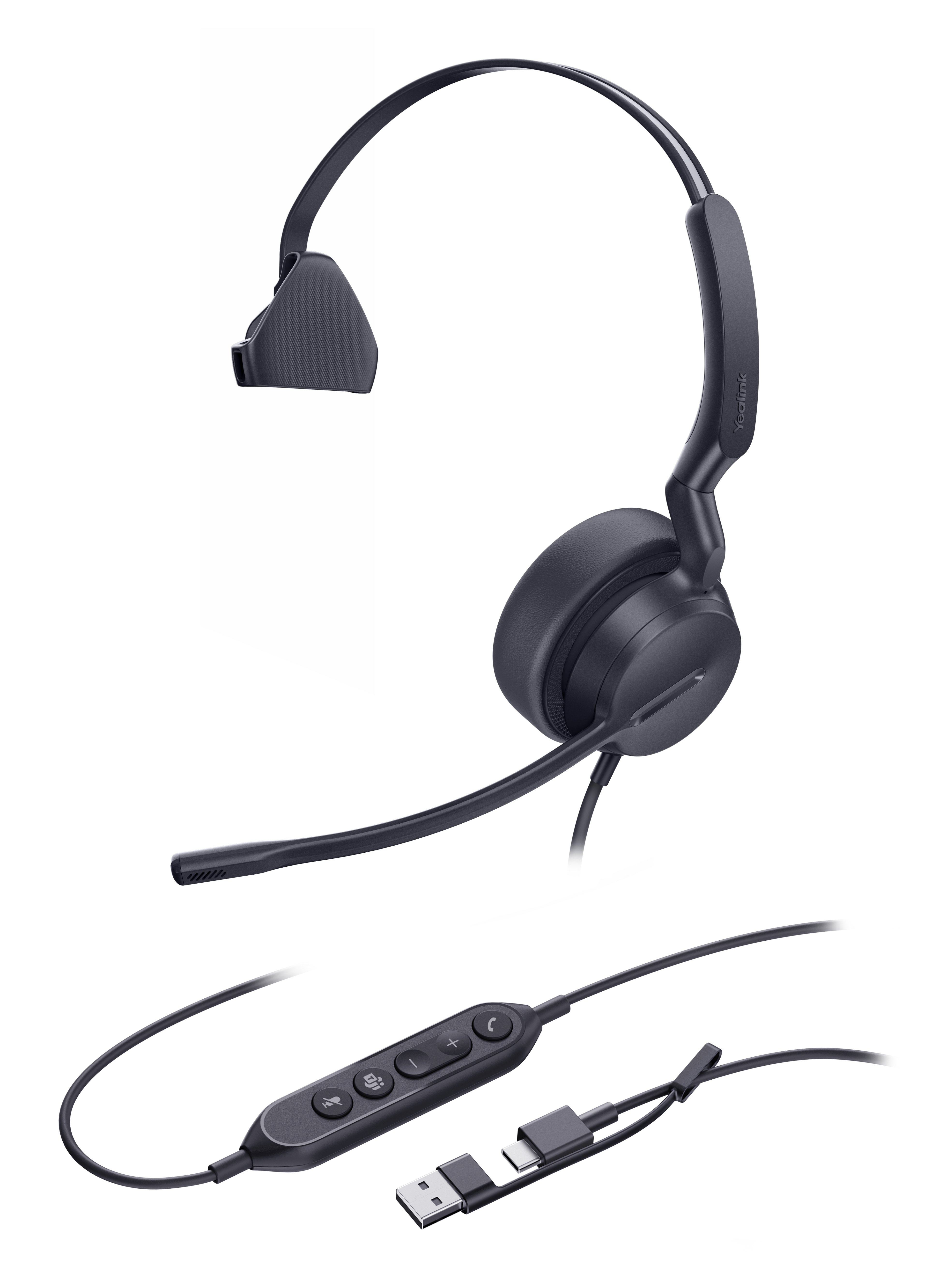 Ein schwarzes Headset mit Mikrofon, Kabel und USB-C-Stecker auf weißem Hintergrund.