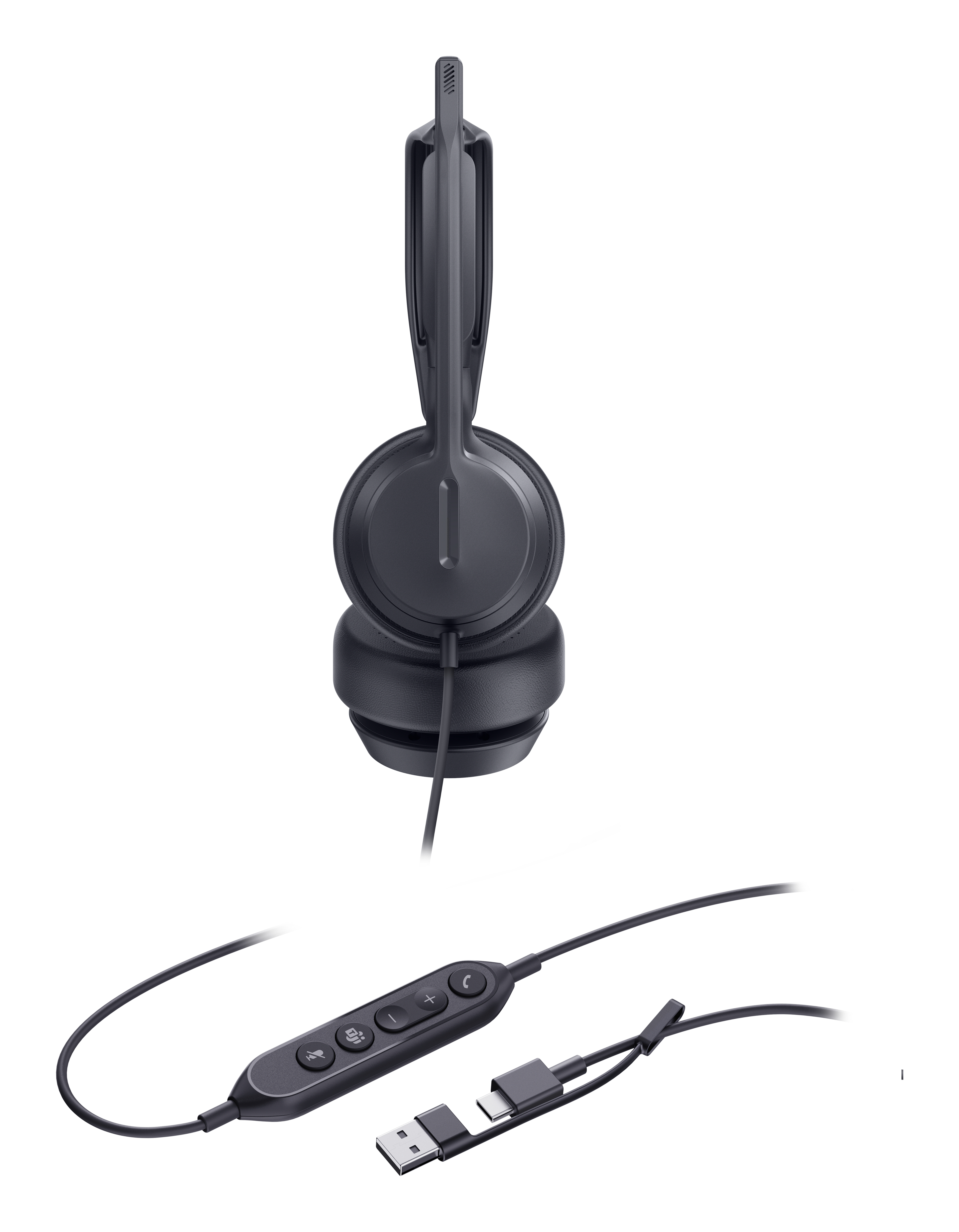 Dunkelgraue Kopfhörer mit Inline-Steuerung, USB-A und USB-C Anschlüssen.