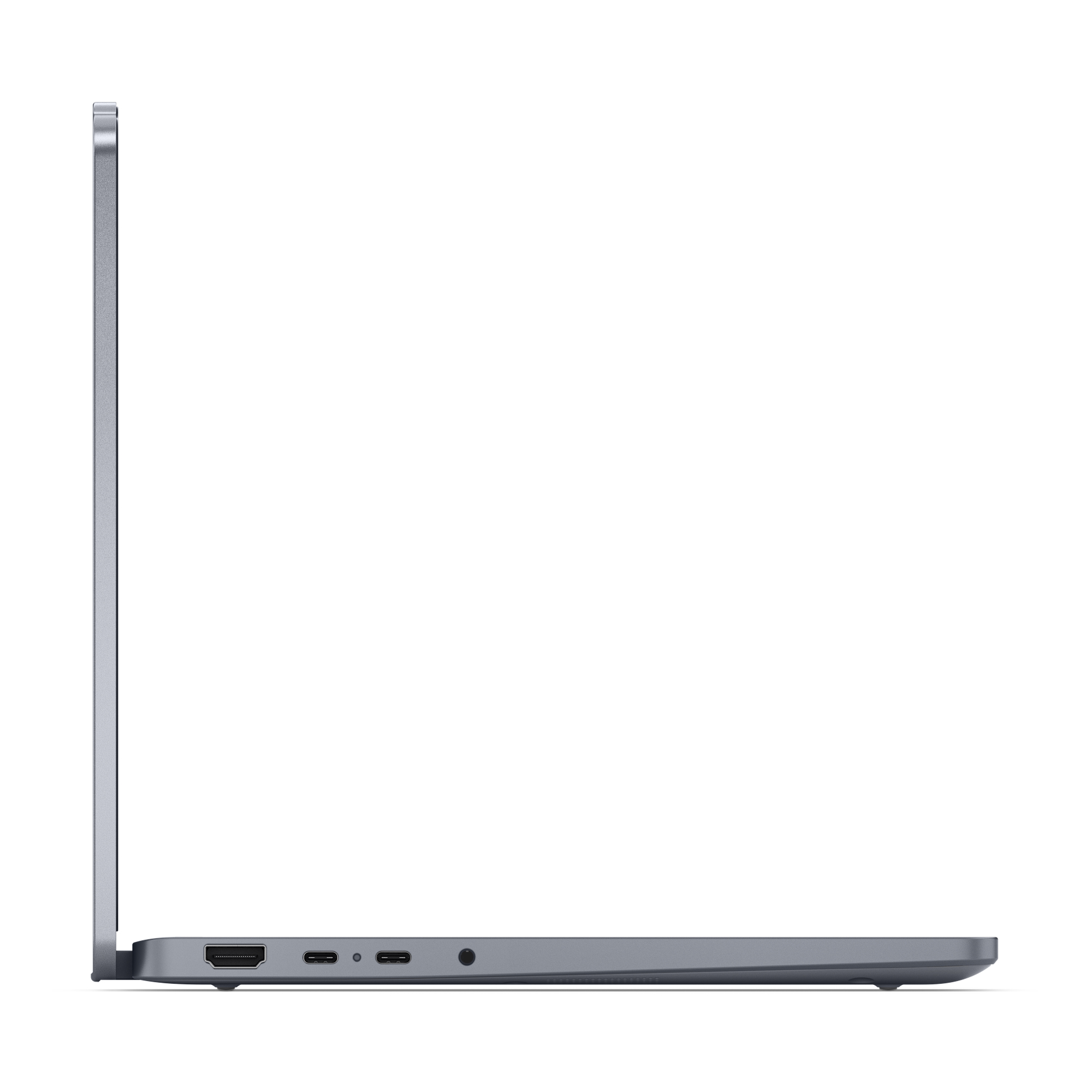 Vista laterale di un laptop argentato con porte HDMI, USB-C e jack per cuffie.