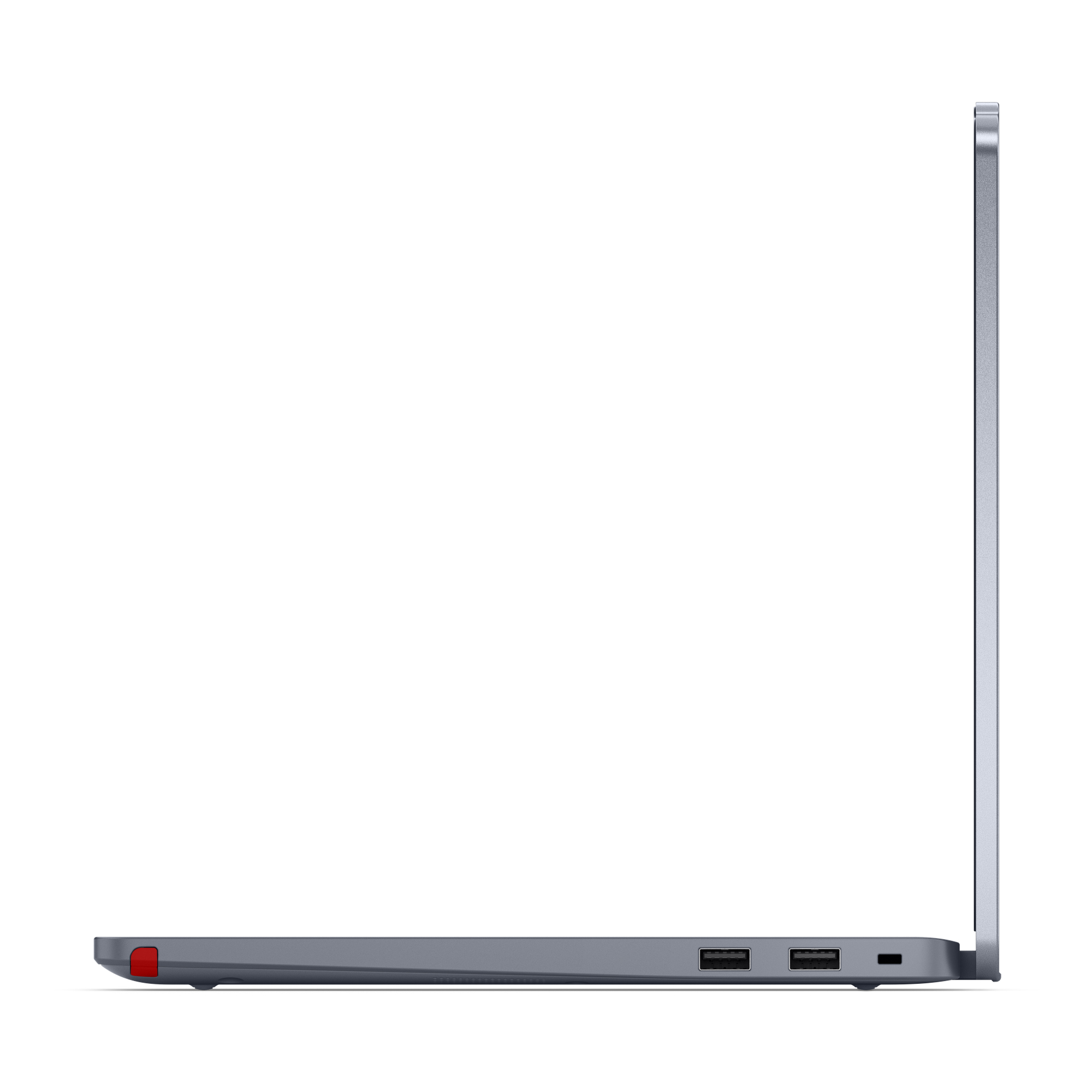 Vista laterale di un laptop grigio con due porte USB e un accento rosso a sinistra.