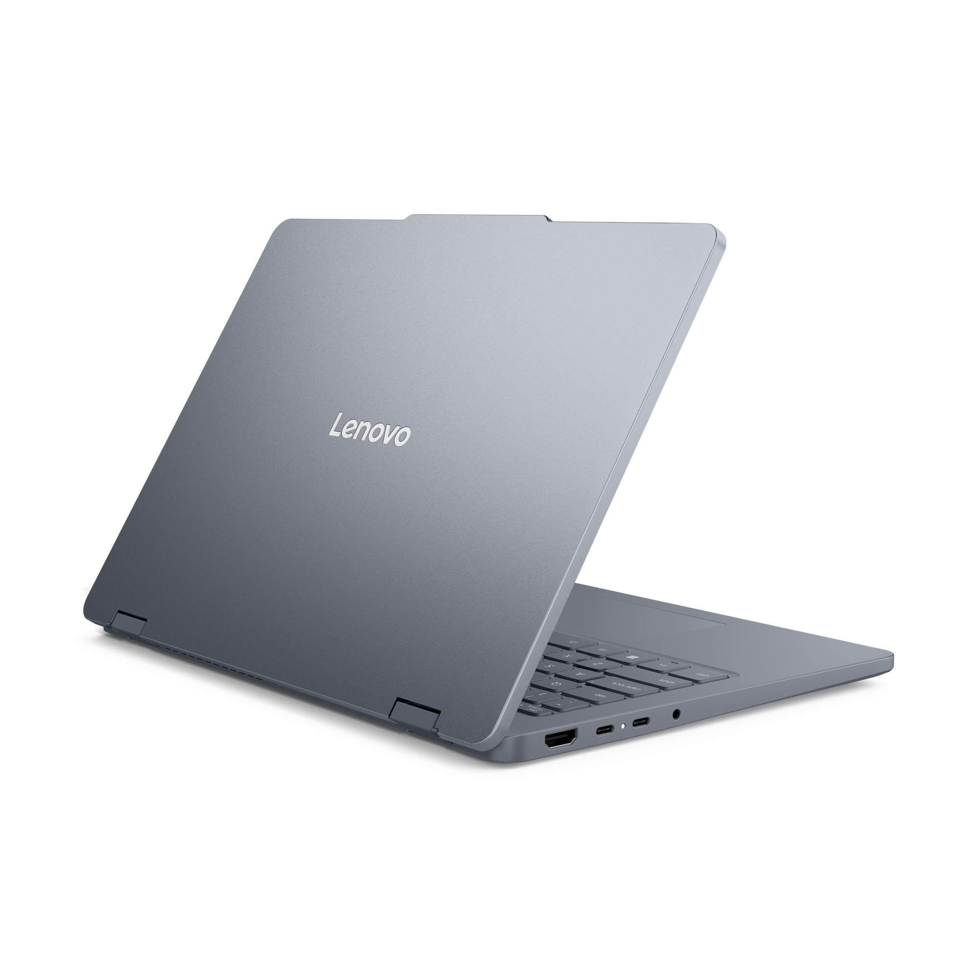 Un laptop Lenovo grigio è aperto, mostra la tastiera e le porte. Il coperchio è inclinato all'indietro.