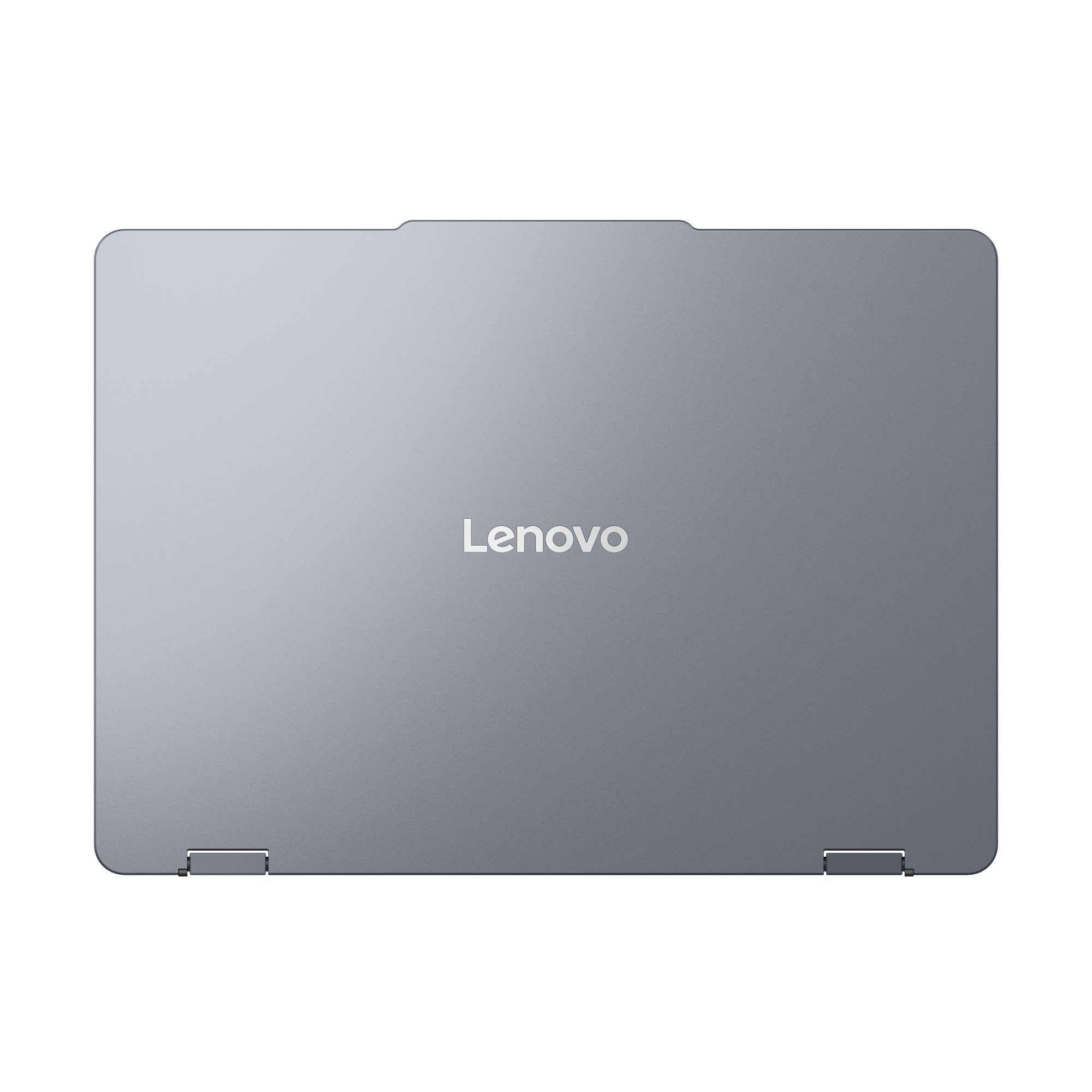 Laptop Lenovo argentato chiuso con cerniere visibili su sfondo bianco.