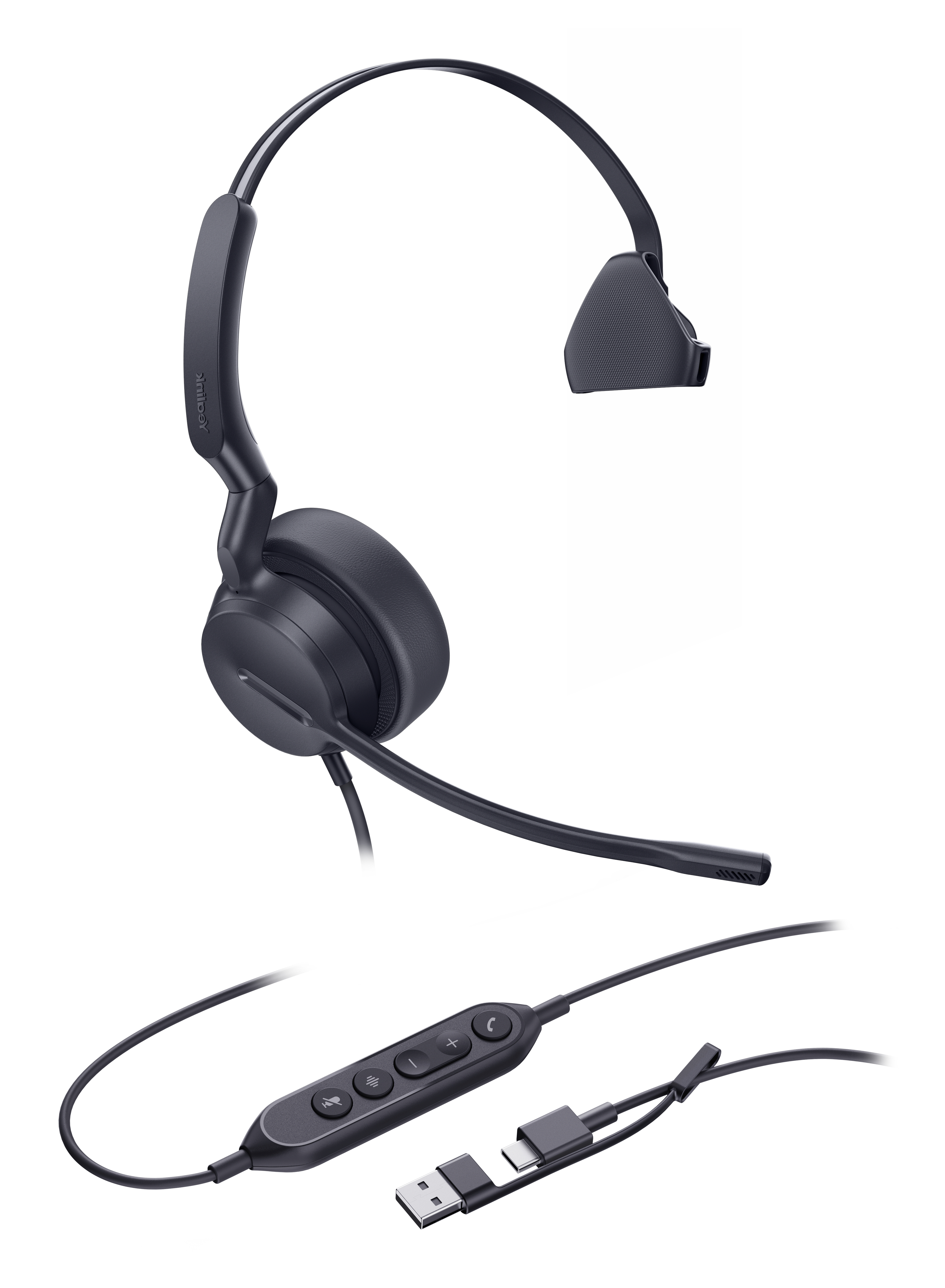 Een zwarte headset met microfoon en USB-C/USB-A connectoren.