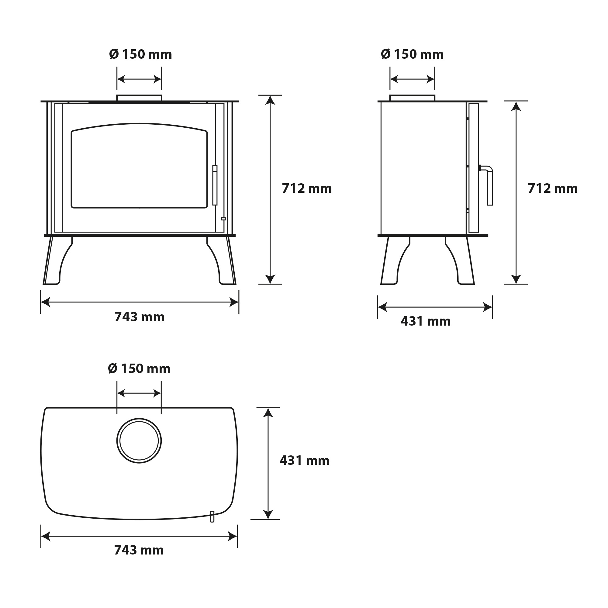 Dibujo técnico de una estufa con dimensiones: Ancho 743mm, Alto 712mm, Profundidad 431mm, Diámetro tubo 150mm.