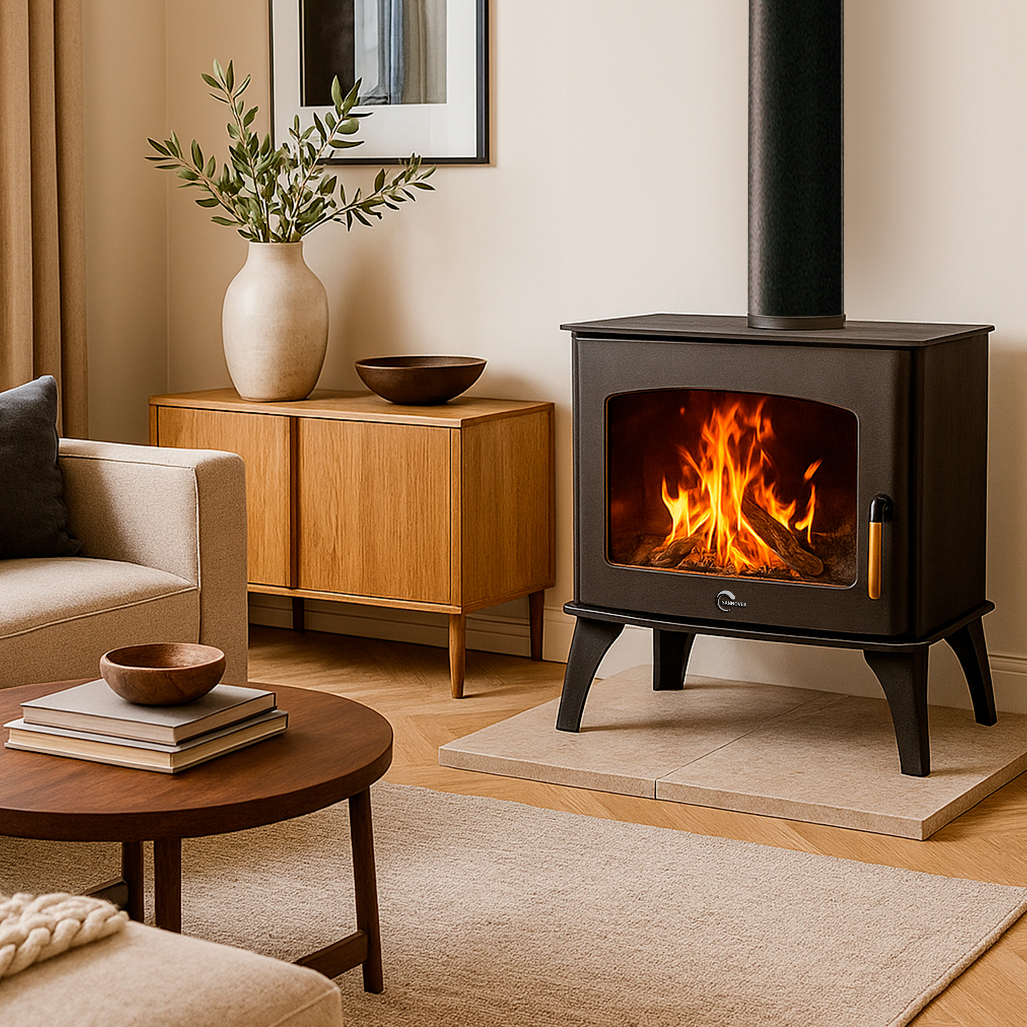 Una sala de estar acogedora con chimenea encendida, mueble de madera, sofá y mesa de centro.