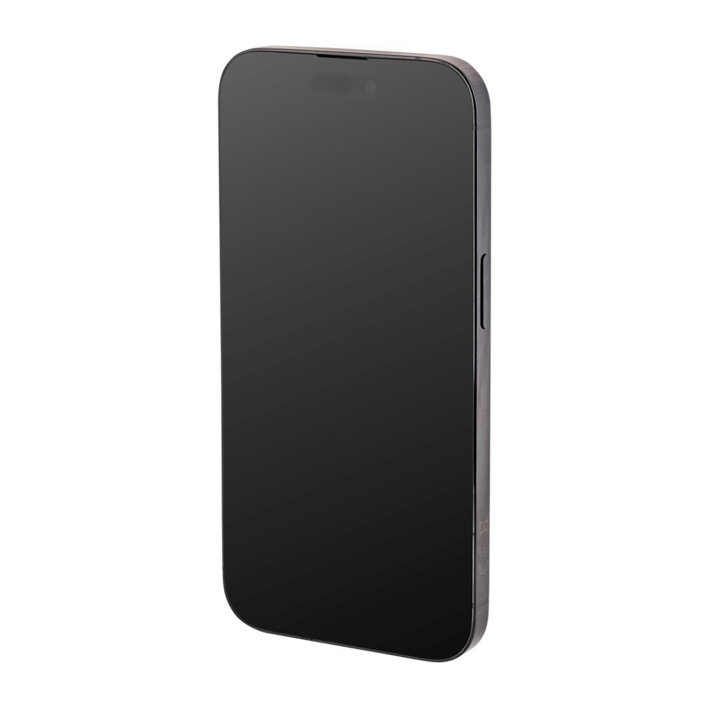 Uno smartphone scuro con schermo vuoto su sfondo bianco.