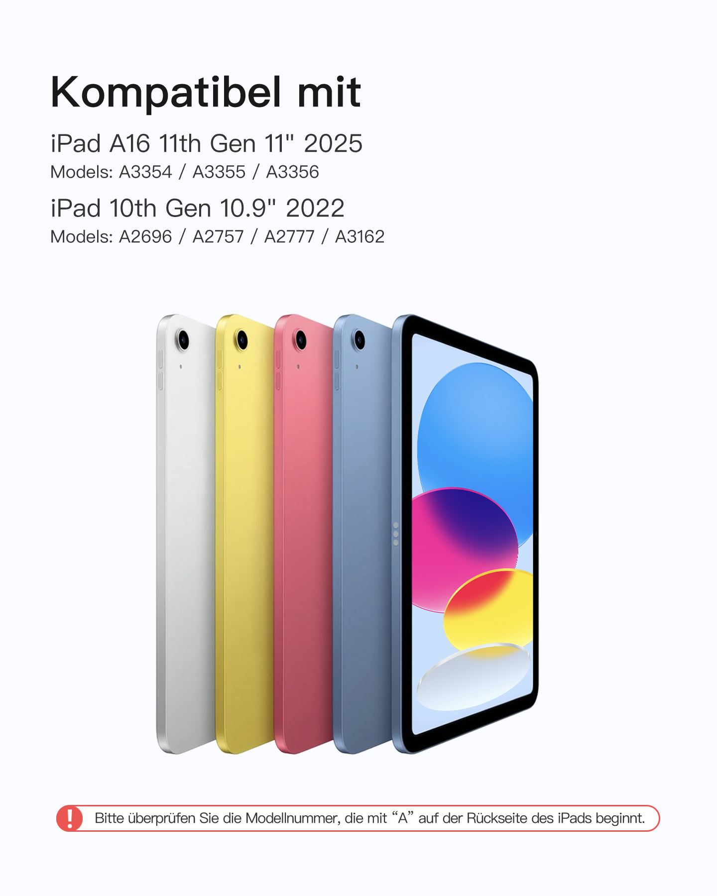 Vier iPads in Weiß, Gelb, Rosa und Blau. Der Bildschirm zeigt ein farbenfrohes abstraktes Design.