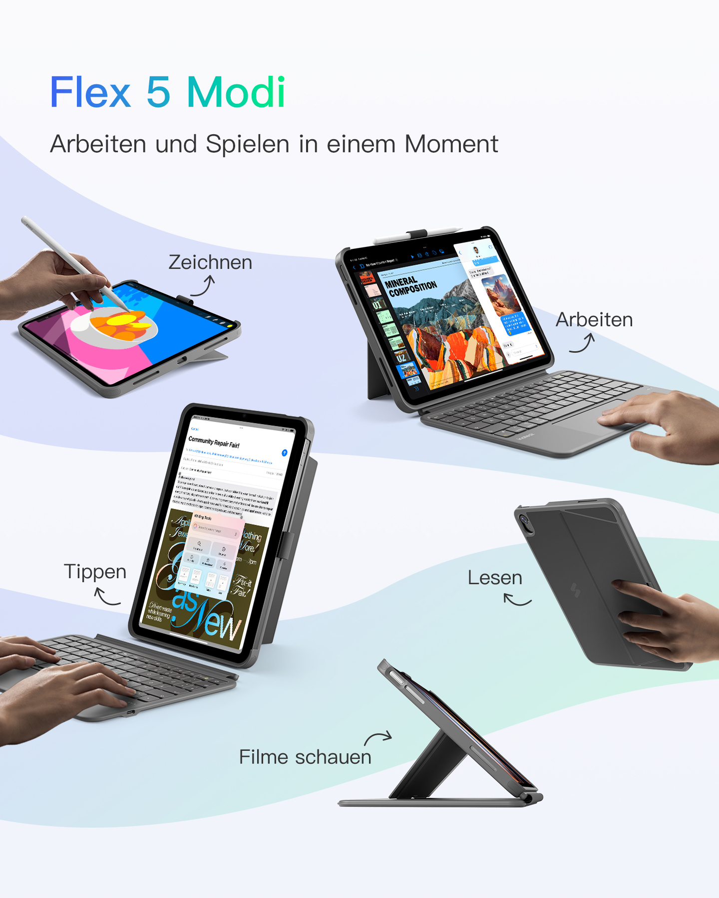 Mehrere Tablet-Nutzungen: Zeichnen, Tippen, Lesen, Filme schauen, Arbeiten.