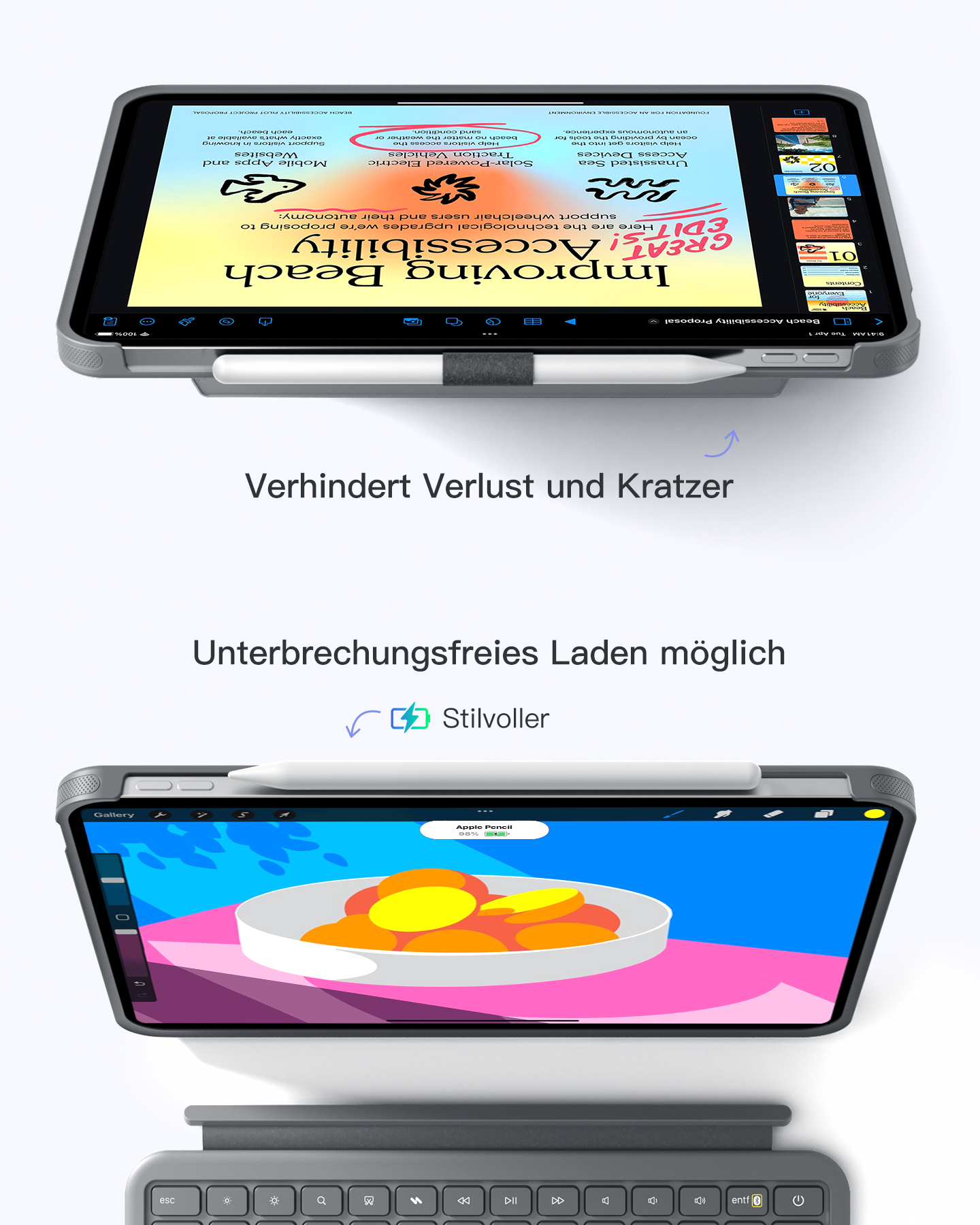 Tablet zeigt Strandzugänglichkeitsvorschlag und bunte Illustration.