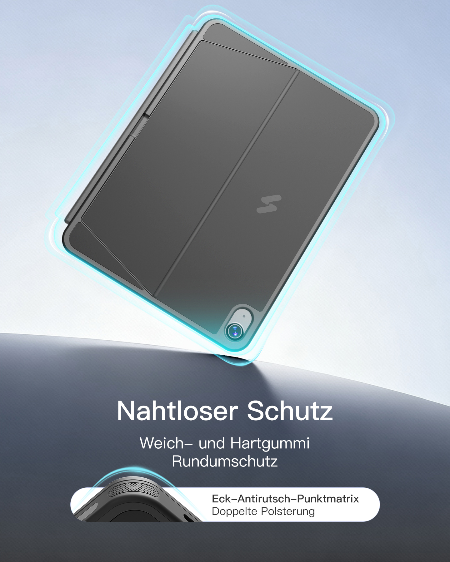 Dunkelgraue Tablet-Hülle mit hellblauem Schein, zeigt Schutzfunktionen.