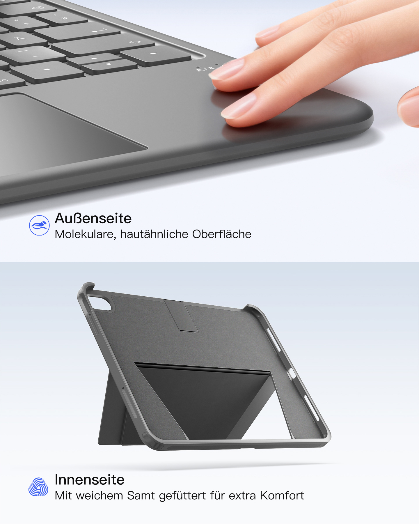 Nahaufnahme einer Hand, die eine graue Tastatur und eine graue Tablet-Hülle mit Ständer berührt.