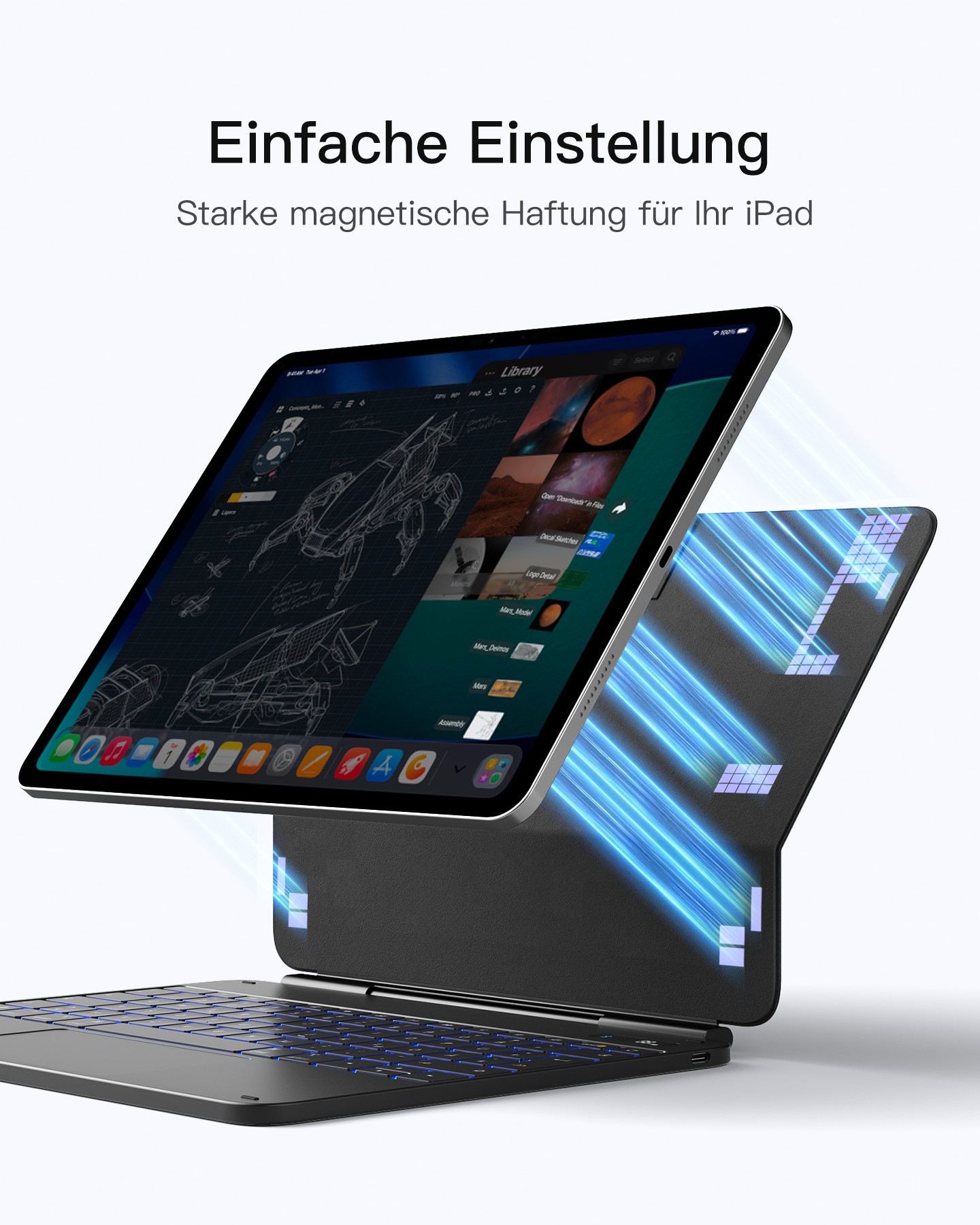 iPad mit Tastaturhülle, zeigt Bauplan und Weltraumbilder. Blaues Licht strahlt aus.