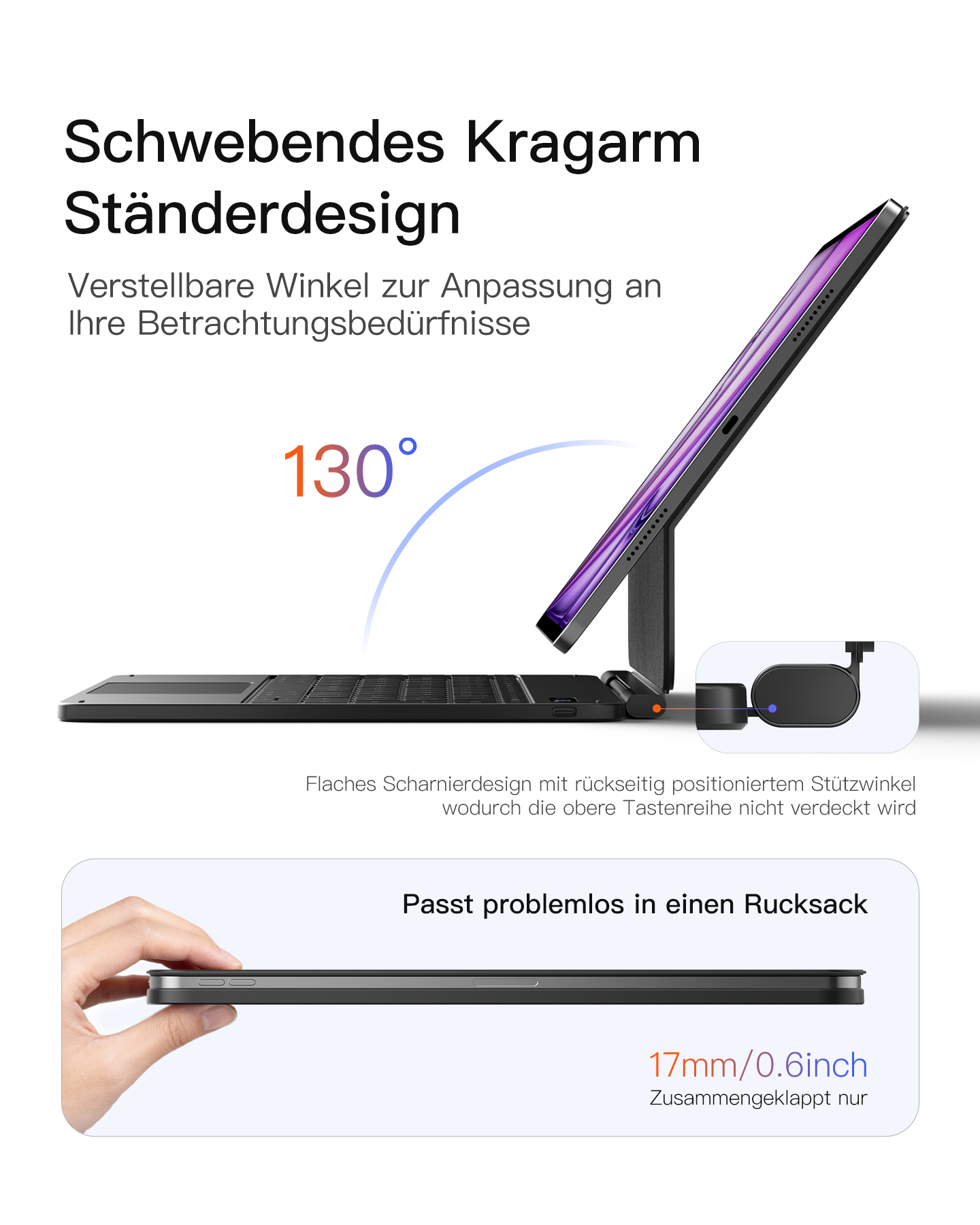 Tablet mit Tastaturhülle, 130 Grad verstellbar. Gefaltet 17mm dick.