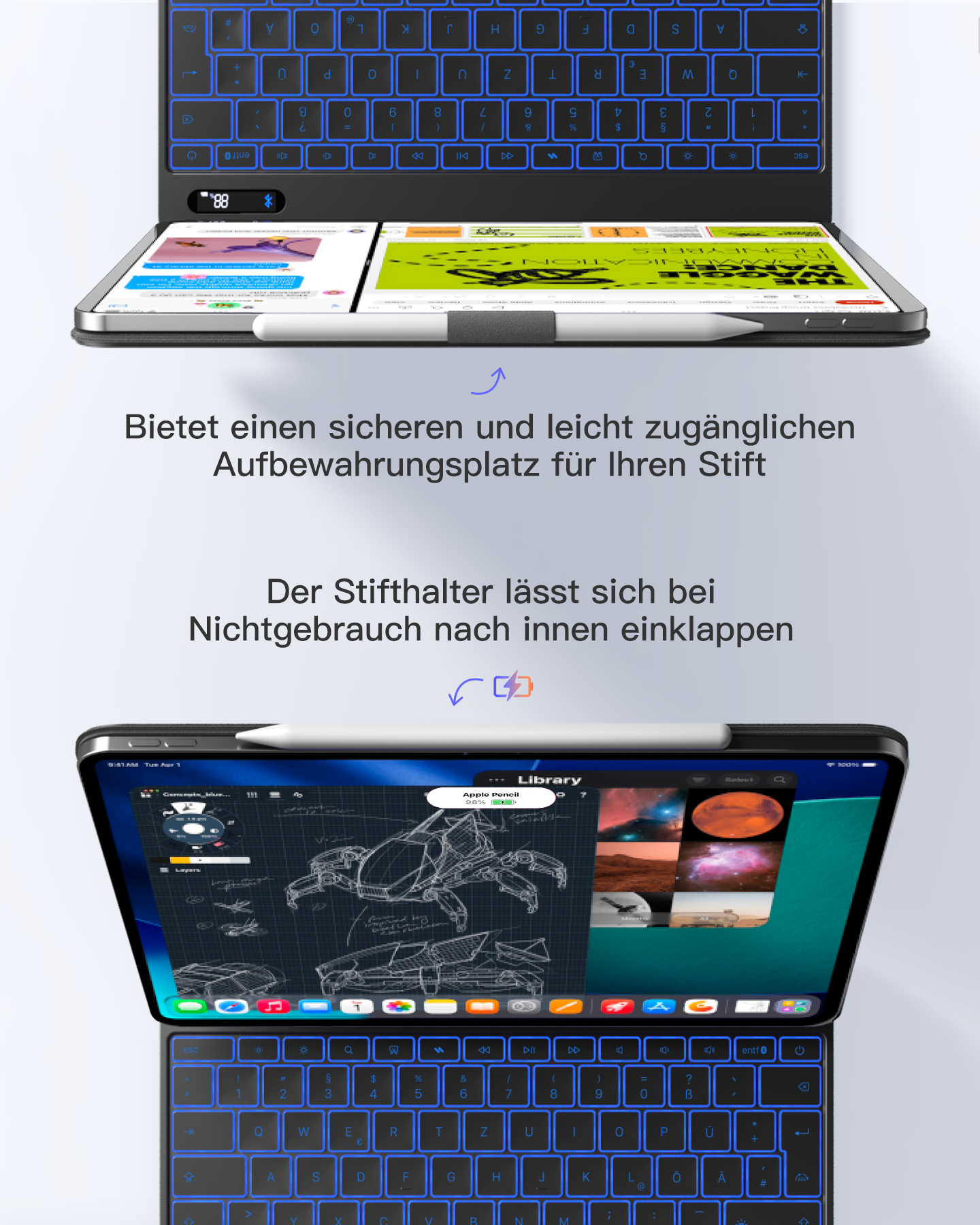 Eine Tastatur mit blauen Tasten und ein Tablet mit Apps. Ein Apple Pencil liegt auf dem Tablet.