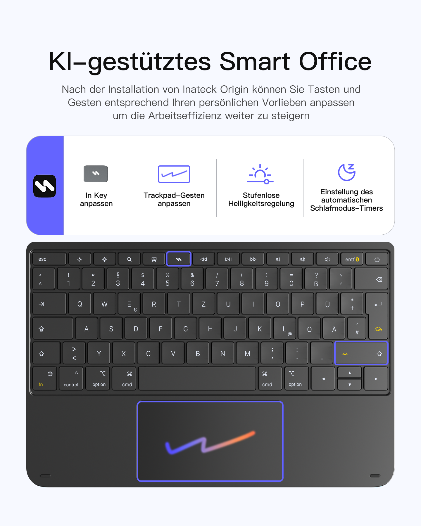 Eine Tastatur mit anpassbaren Tasten und Trackpad-Gesten für Smart-Office-Nutzung.