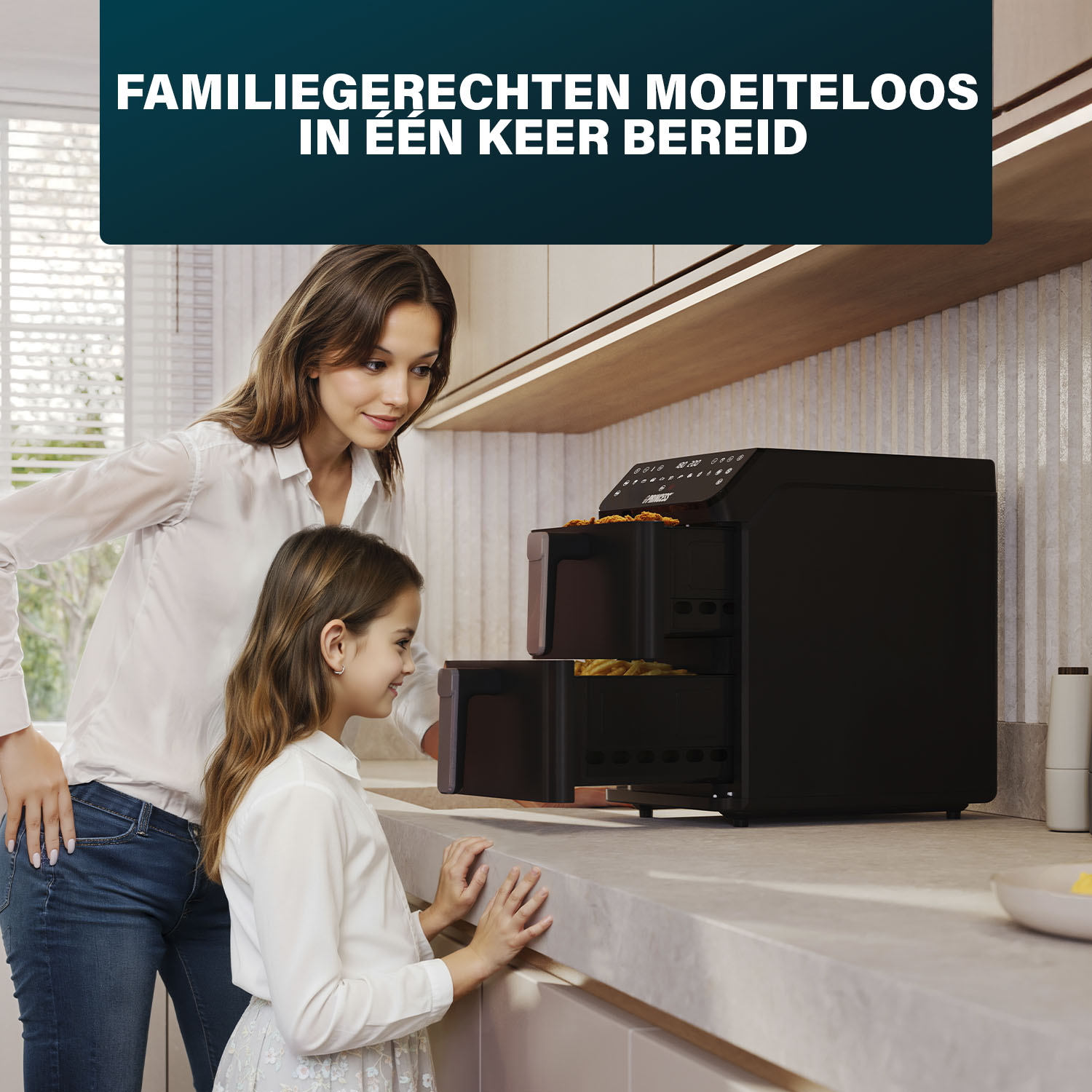 Een vrouw en een meisje kijken naar een open airfryer met eten erin.