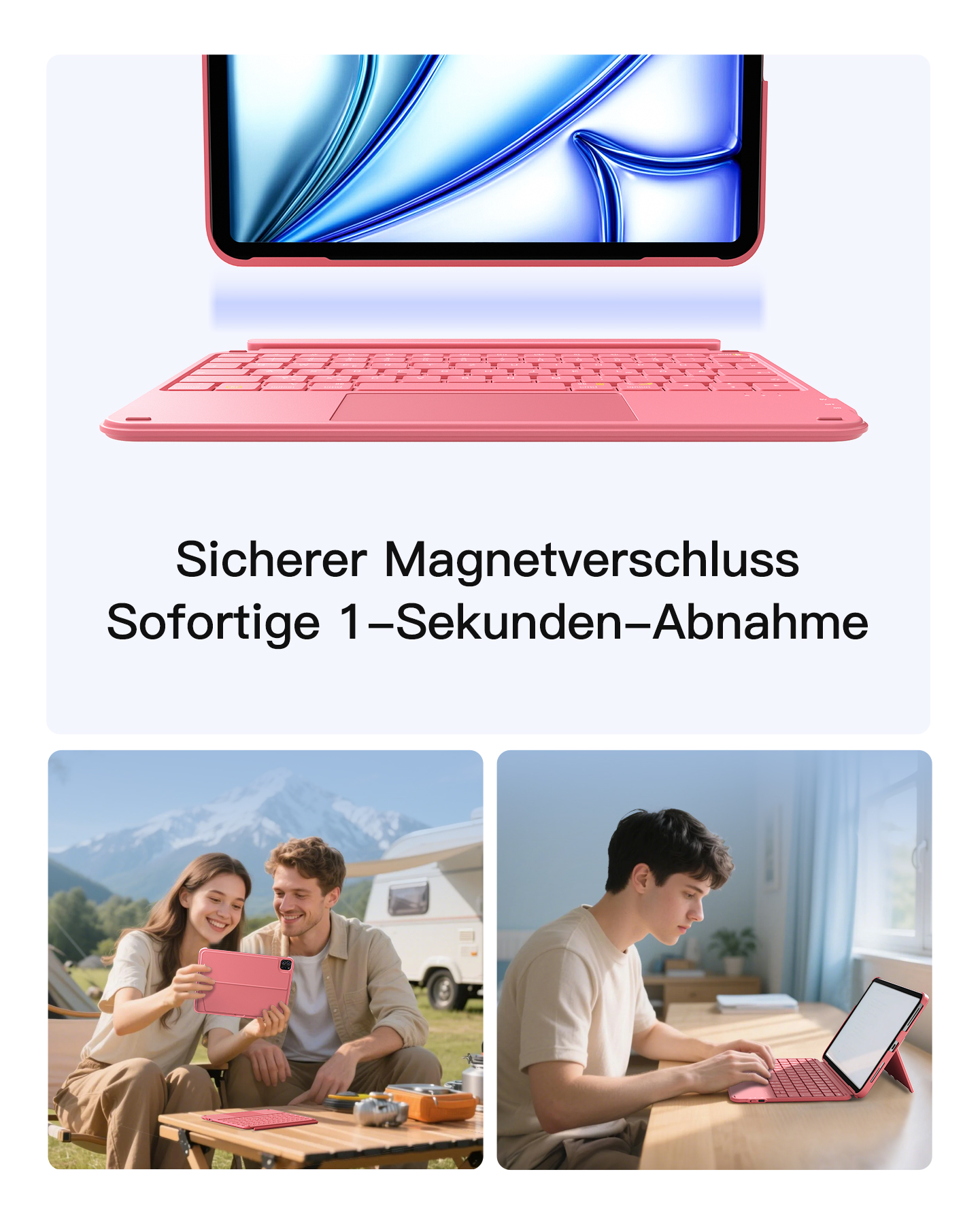 Rosa Tablet mit Tastatur. Ein Paar beim Camping, ein Mann am Tablet.