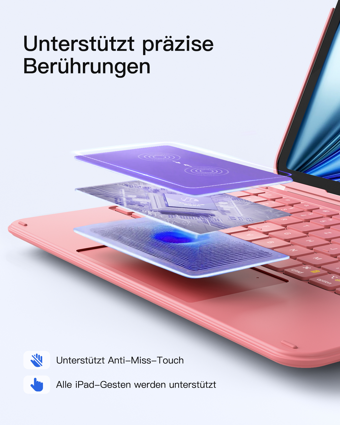 Rosa Tastatur mit Schichten von Leiterplattengrafiken und Text zur Touch-Unterstützung.