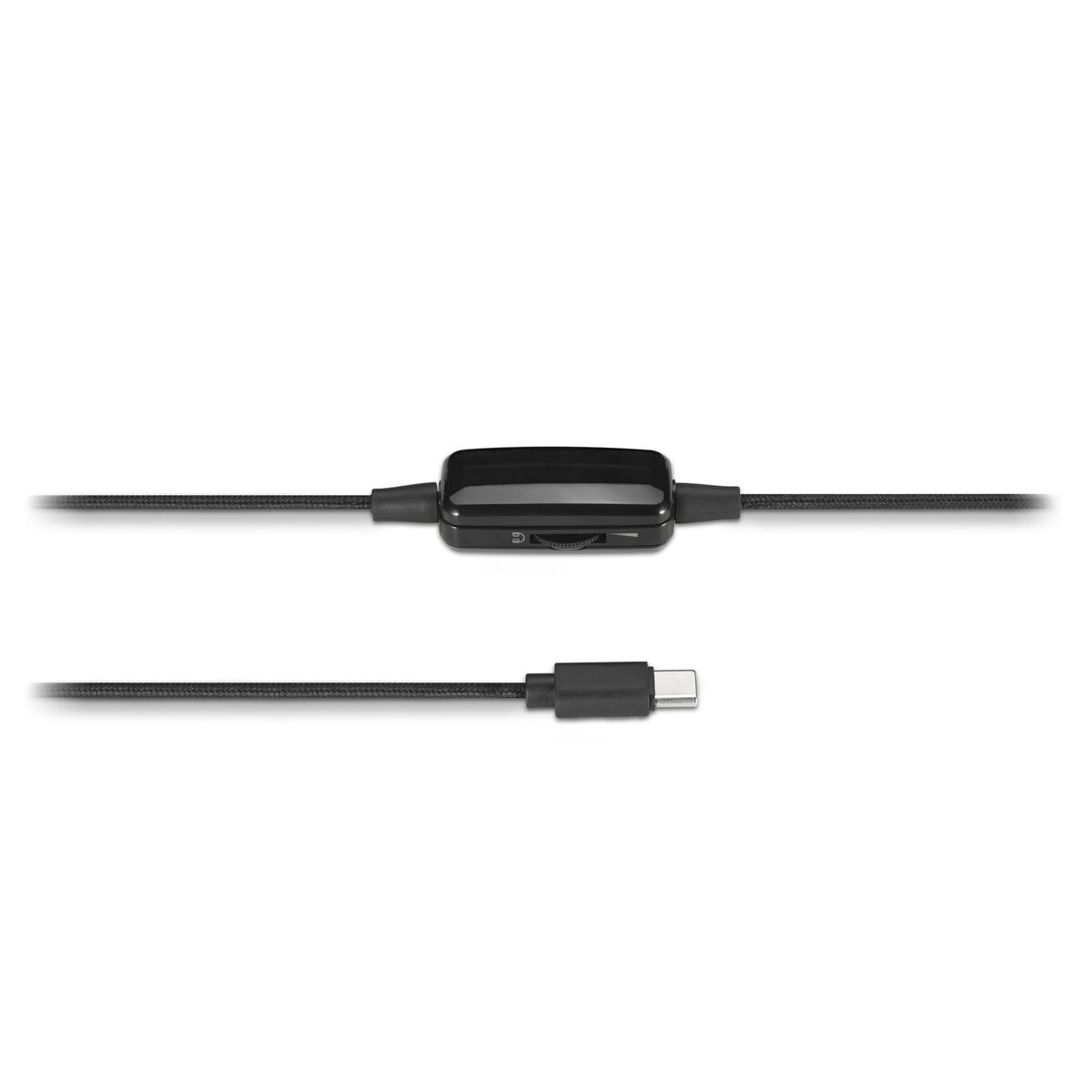 Schwarzes Audiokabel mit Lautstärkeregler und USB-C-Anschluss.