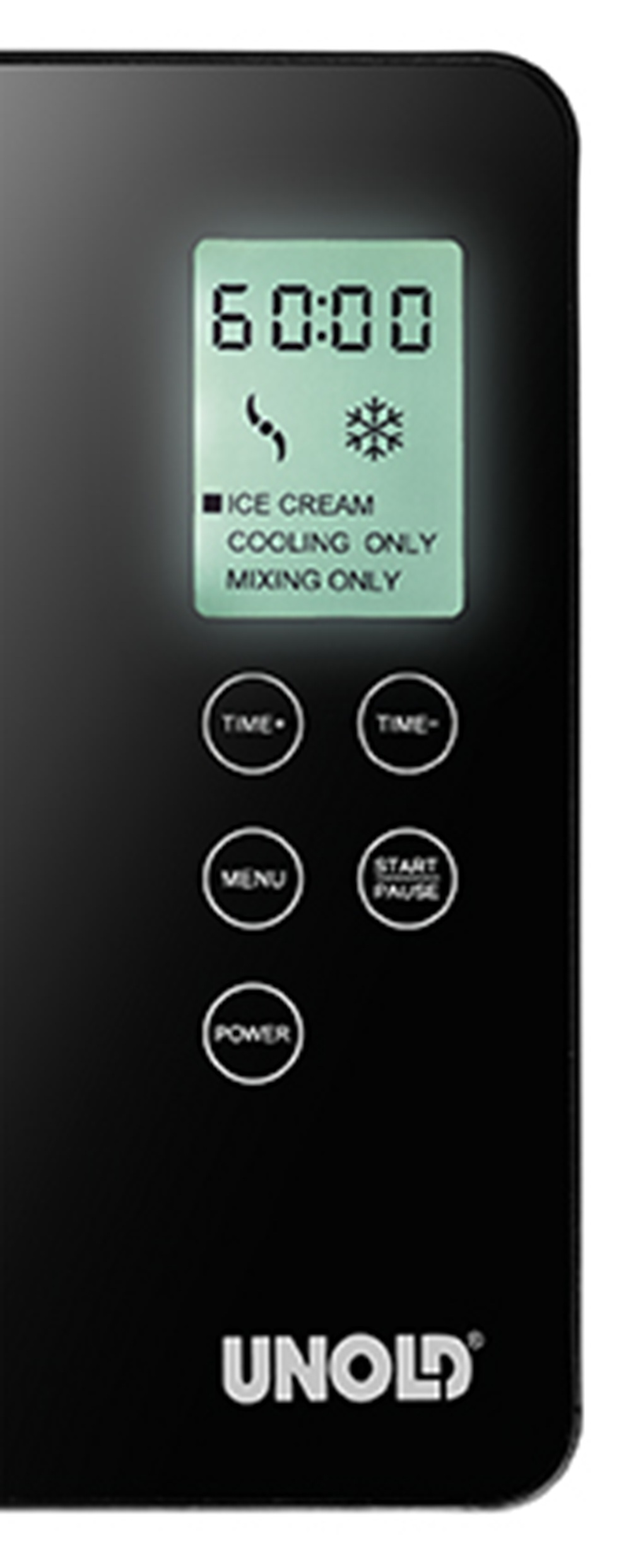 Czarny panel sterowania z wyświetlaczem cyfrowym pokazującym 60:00, ikony lodów i opcje.