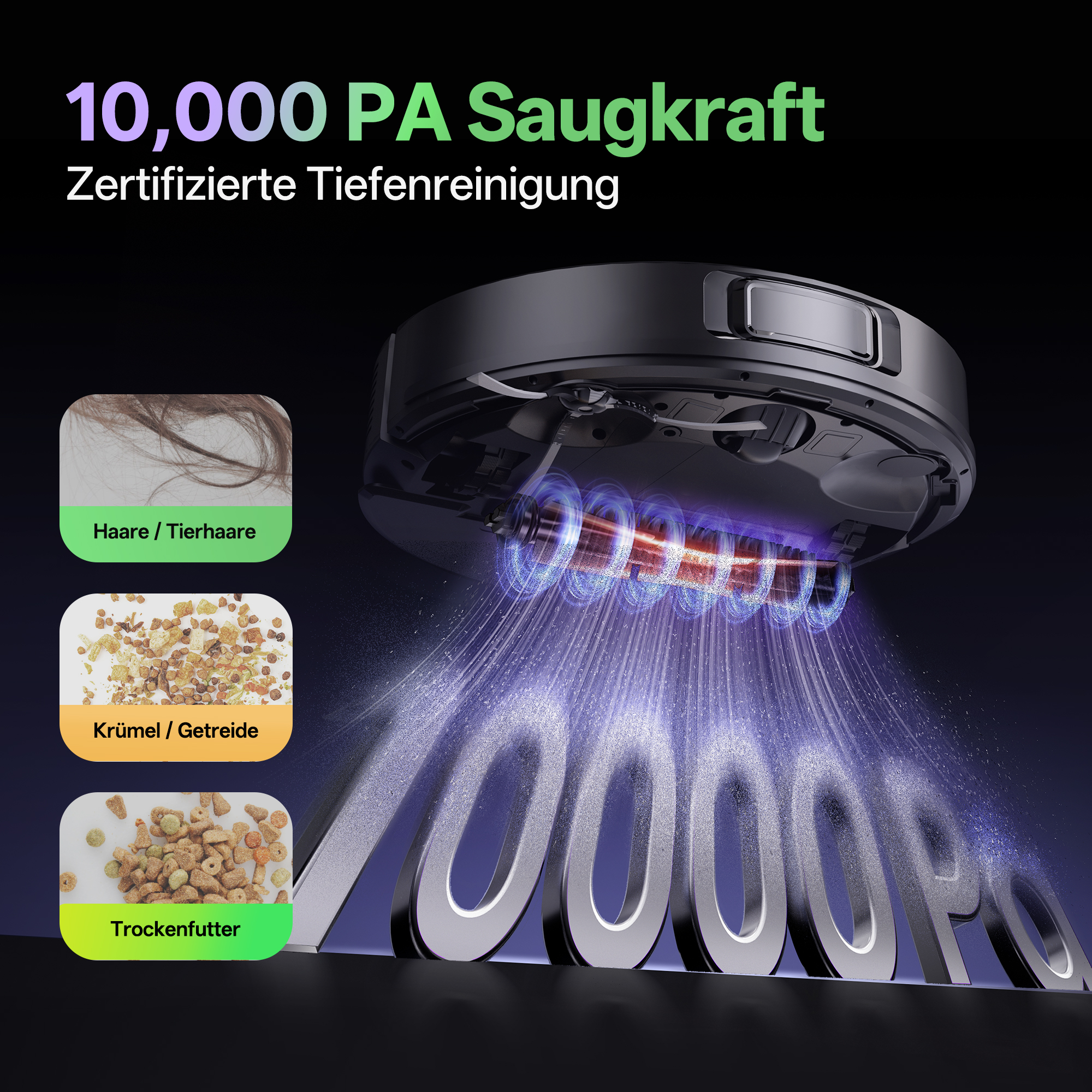 Saugroboter mit 10.000 PA Saugkraft reinigt Haare, Krümel und Trockenfutter.