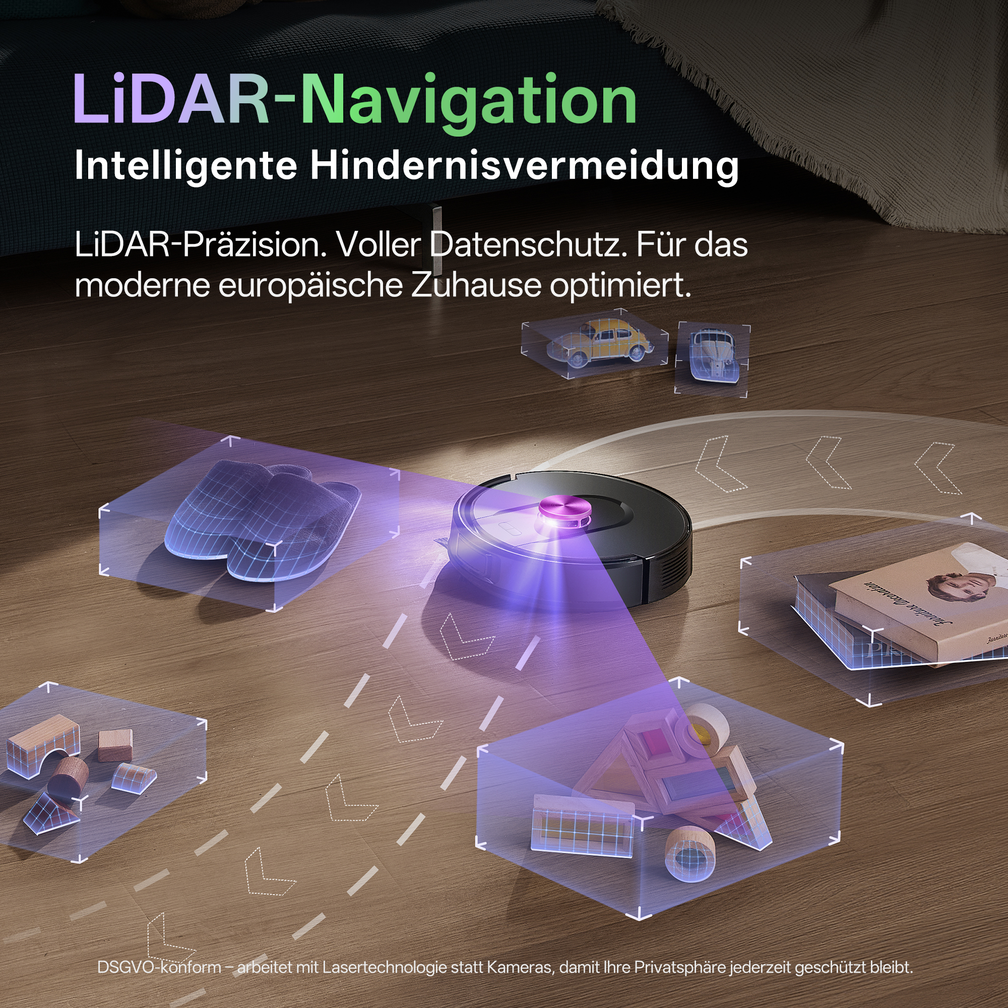Roboterstaubsauger nutzt LiDAR zur Kartierung und Vermeidung von Objekten wie Hausschuhen, Spielzeug und Büchern.
