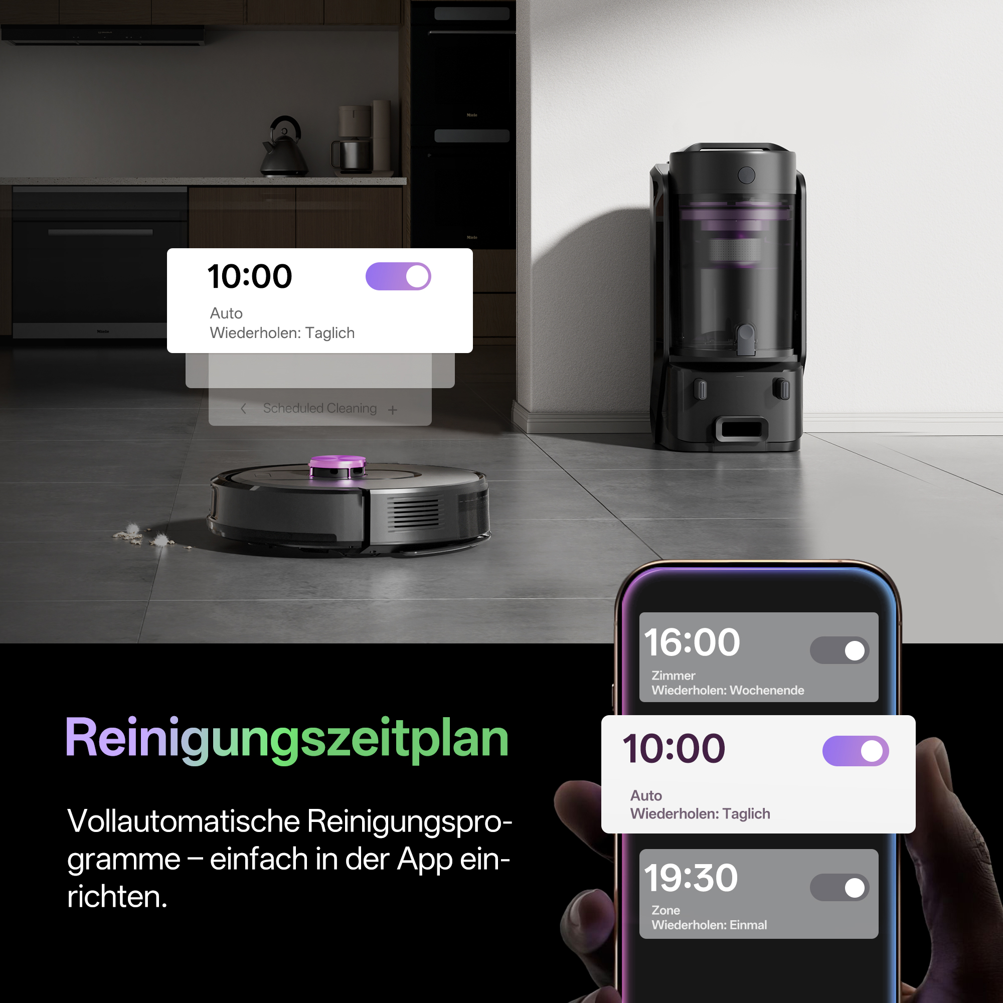Ein Saugroboter reinigt einen Boden, während eine App Zeitpläne anzeigt.