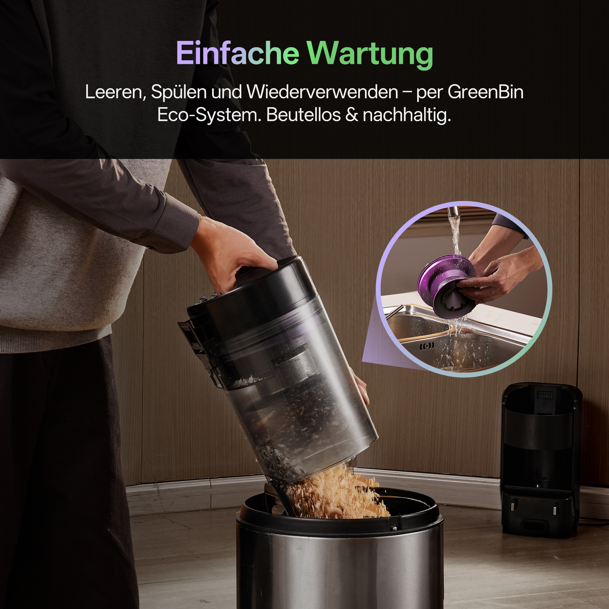 Ein Mann leert einen Staubsaugerbehälter in einen Mülleimer. Daneben: Ein Filter wird in einer Spüle gespült.