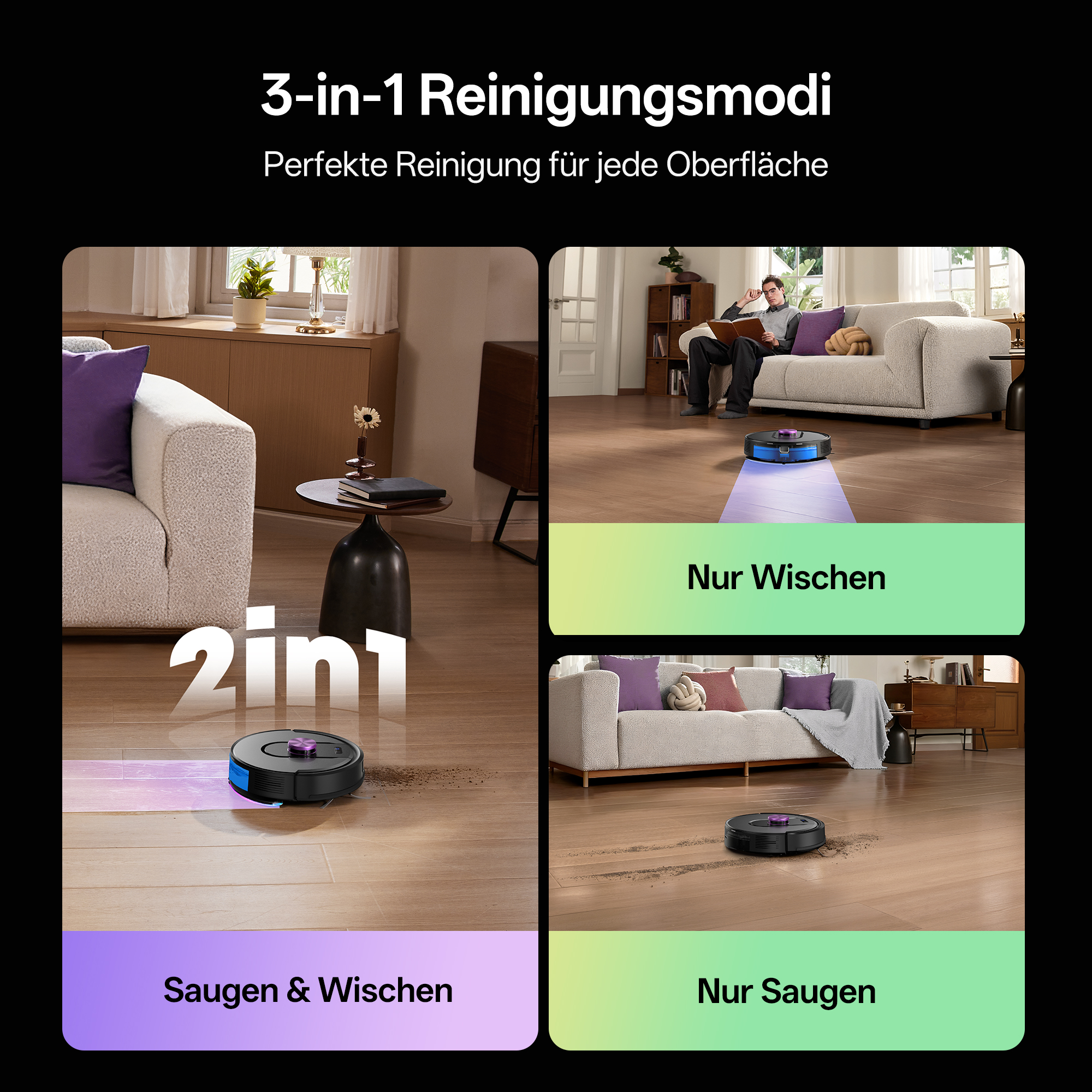 Saugroboter in drei Modi gezeigt: Saugen & Wischen, nur Wischen, nur Saugen.